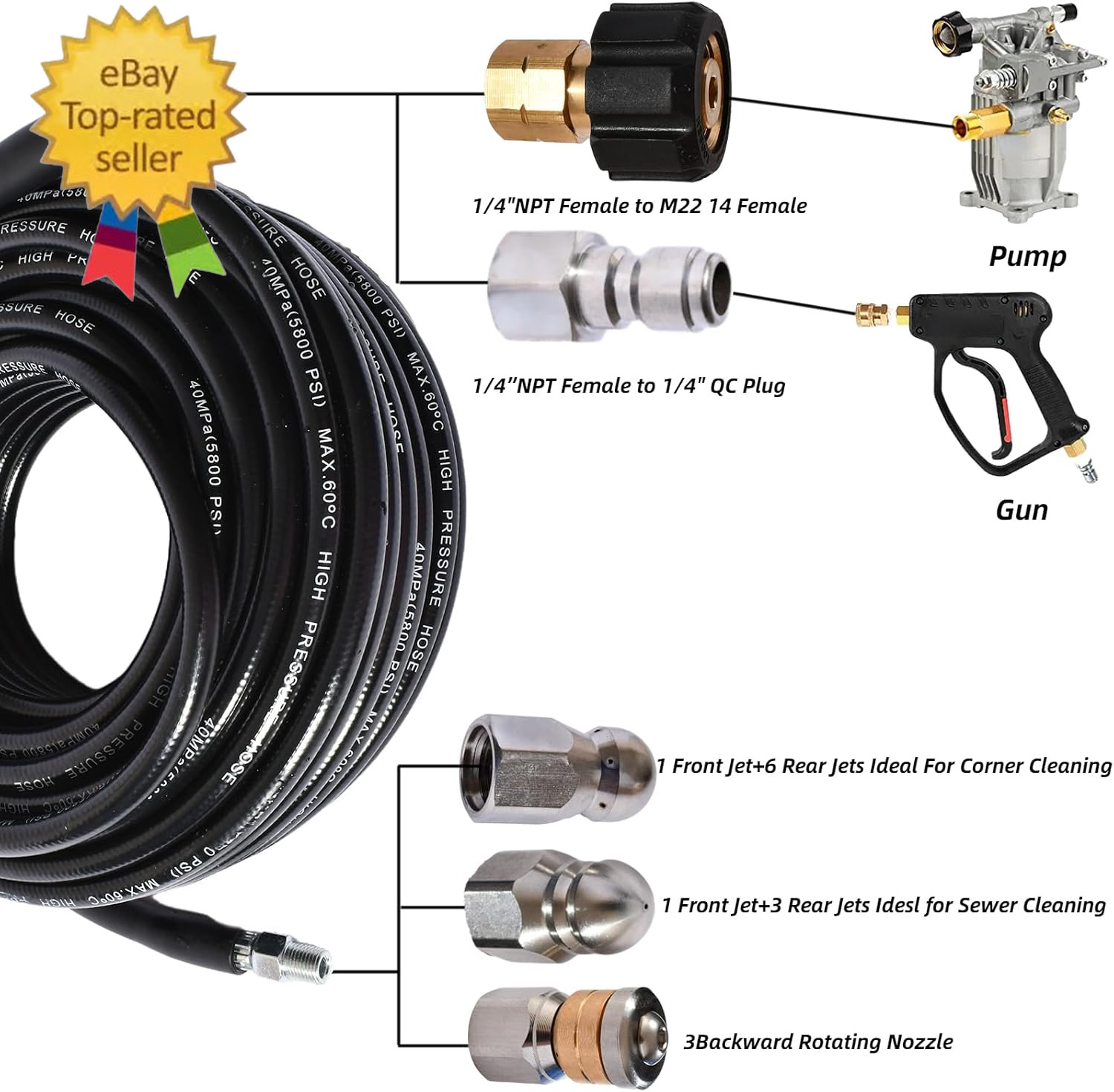 Sewer Jetter Kit for Pressure Washer 5800 PSI Drain Cleaner Hose 1/4 Female Npt,