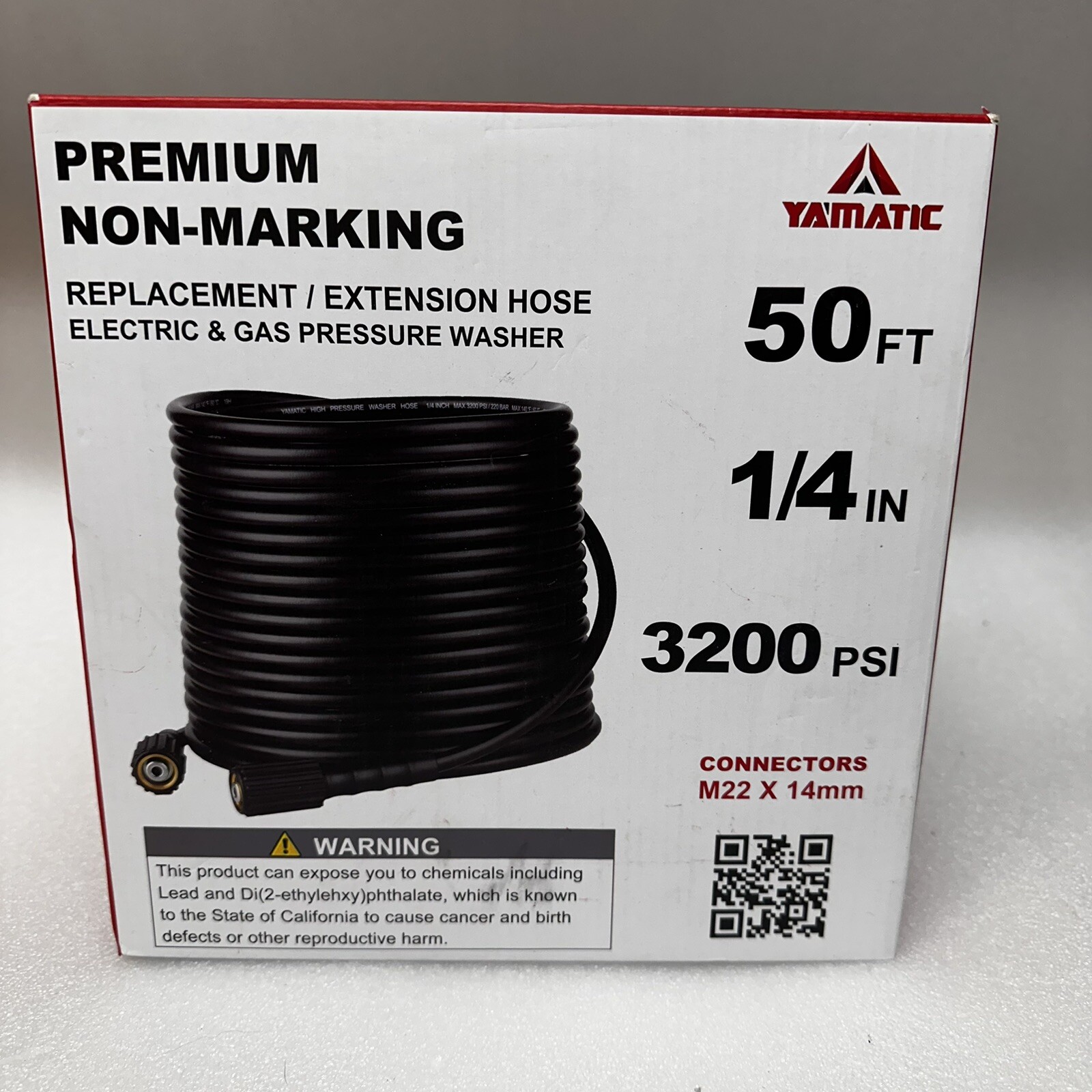YAMATIC High Pressure Washer Hose 50FT Premium Non-Marking Hose M22-14mm 1/4”