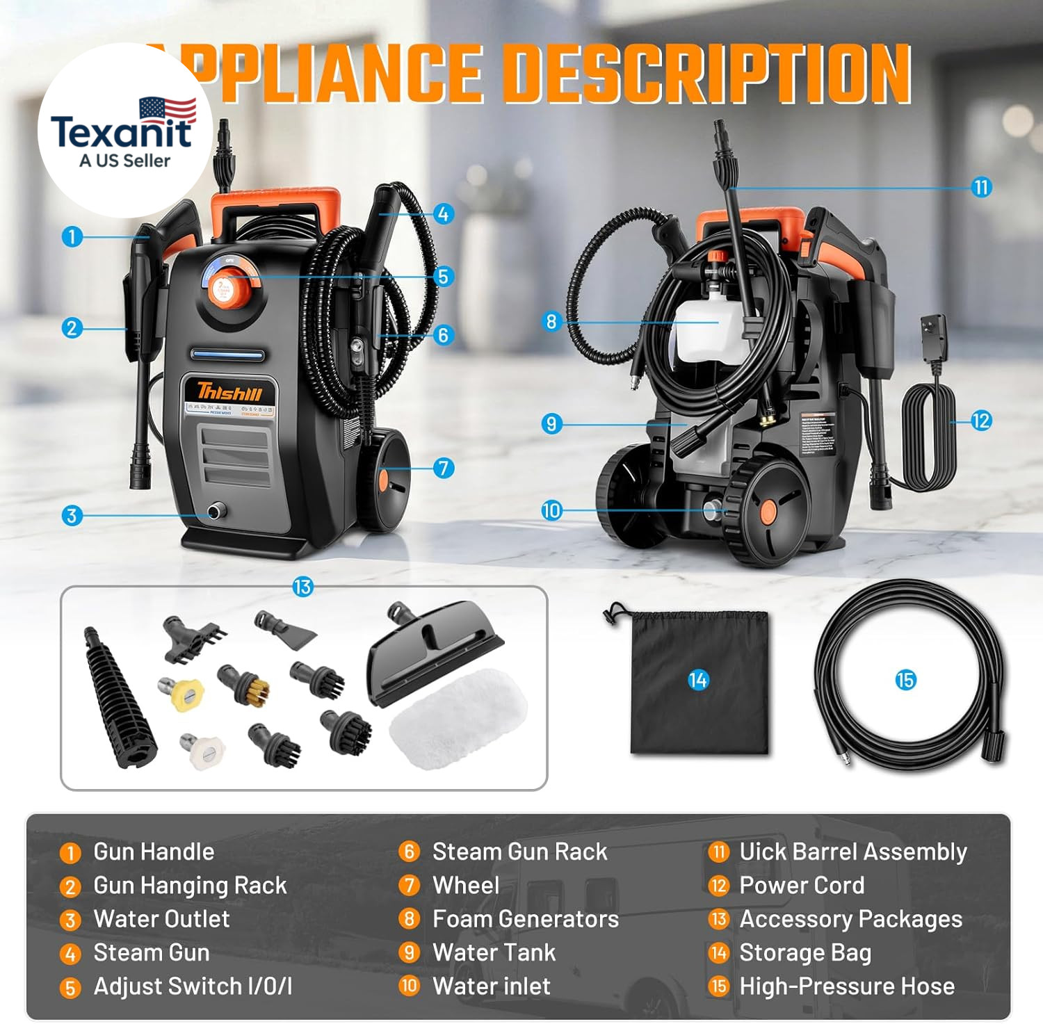 2 in 1 Pressure Washer & Steam Cleaner, 2GPM 3000PSI with High Pressure Cleaner,