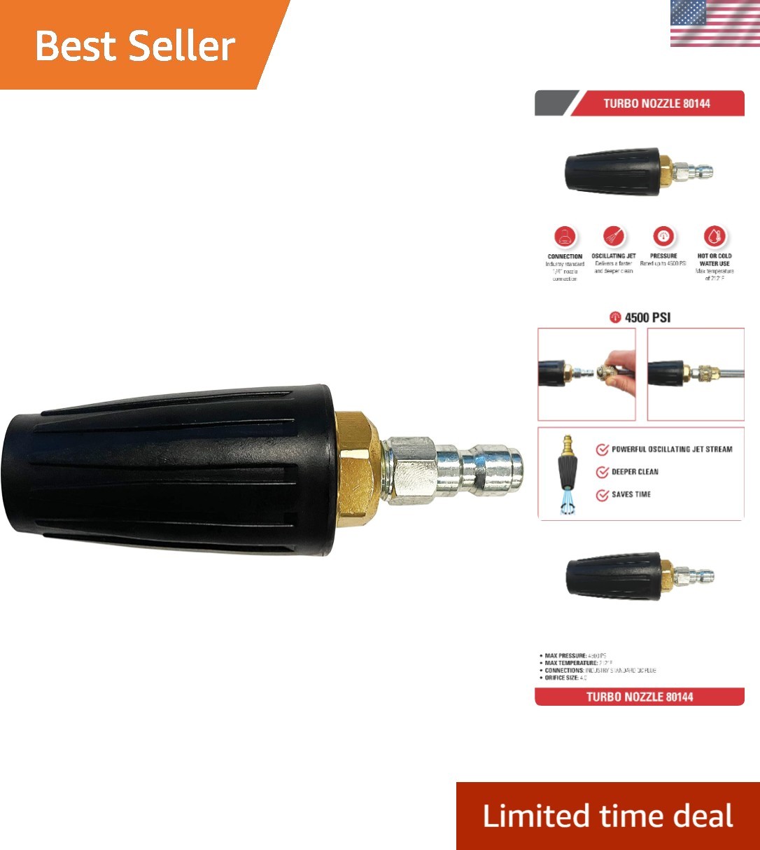4500 PSI Universal Turbo Pressure Washer Nozzle – Quick Connect, Metal Design