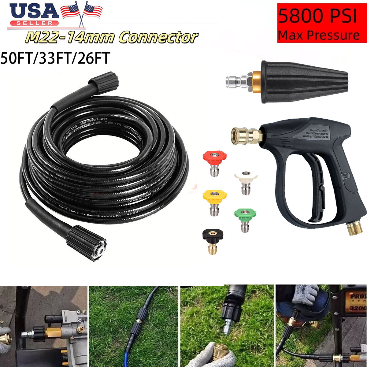 26FT/33FT/50FT Pressure Washer Hose+High pressure water gun+rotating nozzle kit.