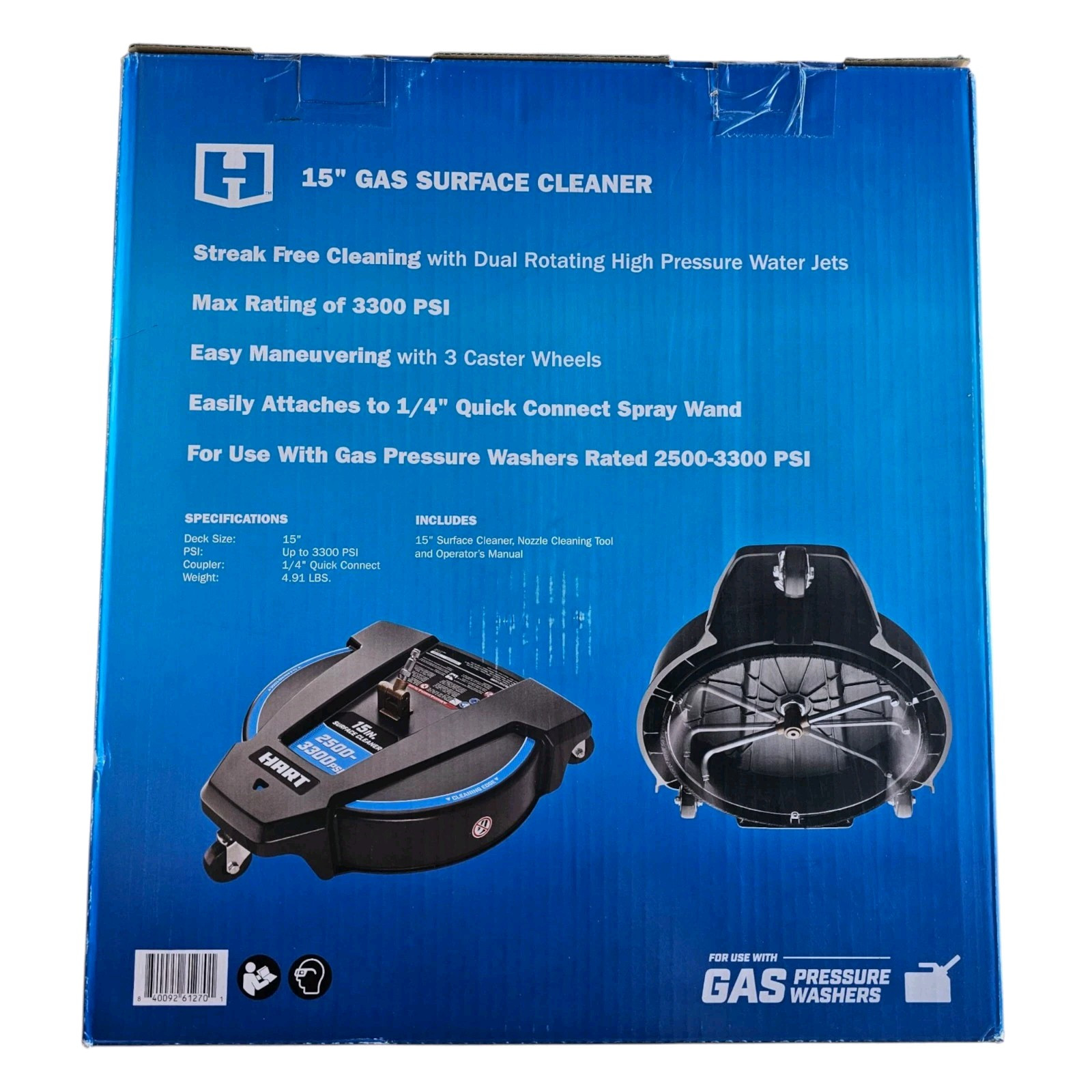 HART – New 15” Gas Surface Cleaner Pressure Washer Broom Caster 1/4” Connector