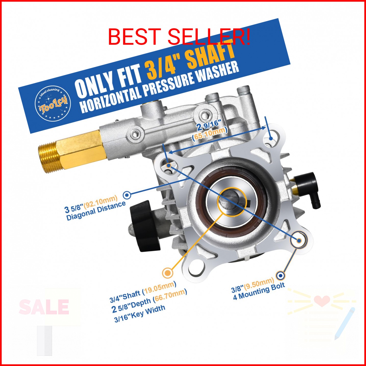 TOOLCY 3/4″ Shaft Horizontal Pressure Washer Pump, 2600-3300 PSI @ 2.5 GPM – Pow