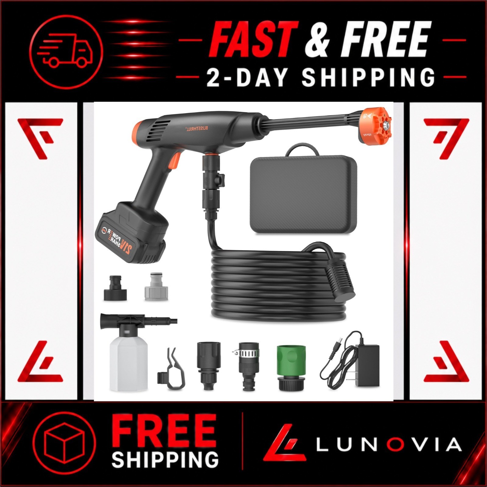 Blissthrill Cordless Pressure Washer 1100PSI Battery Powered 6-in-1 Nozzle