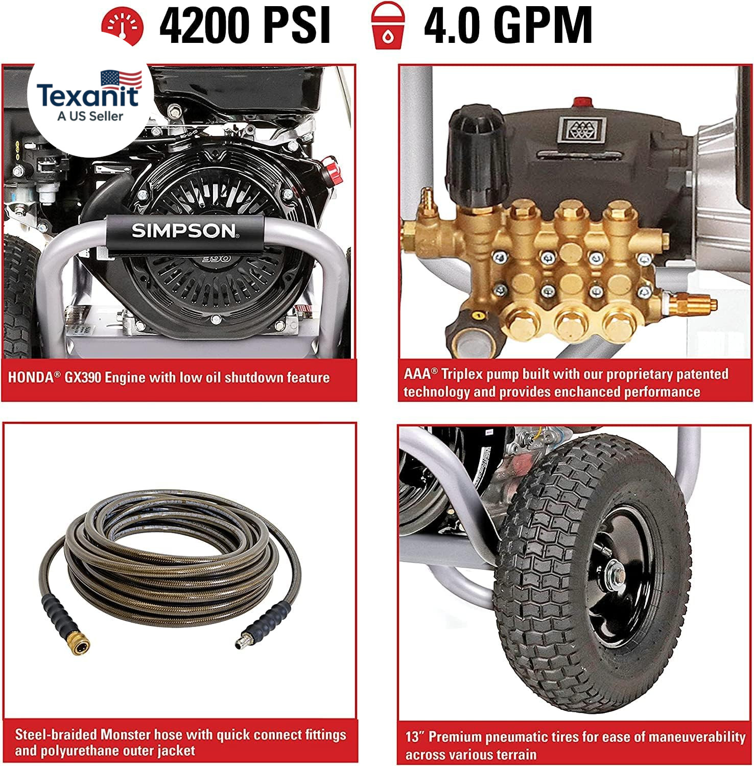 PS4240 Powershot Gas Pressure Washer Powered by Honda GX390, 4200 PSI at 4.0 GPM