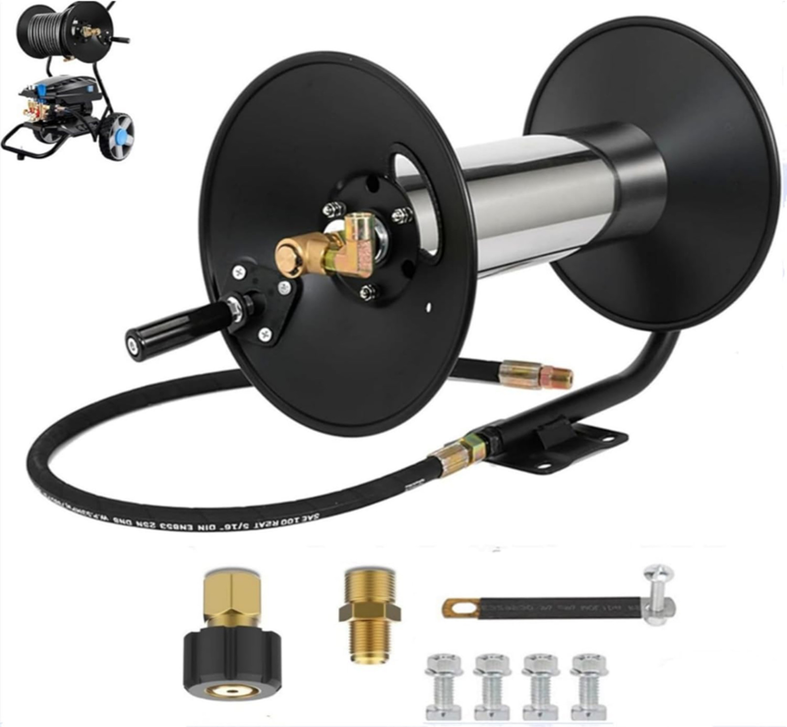 100FT Pressure Washer Hose Reel, High Pressure Hose Reel with Hand Crank, 3/8