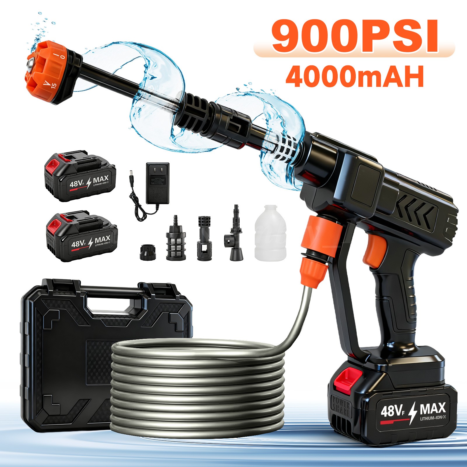 900PSI Cordless Pressure Washer Handheld Car Wash Gun 6-in-1 Nozzle 16.4FT Hose