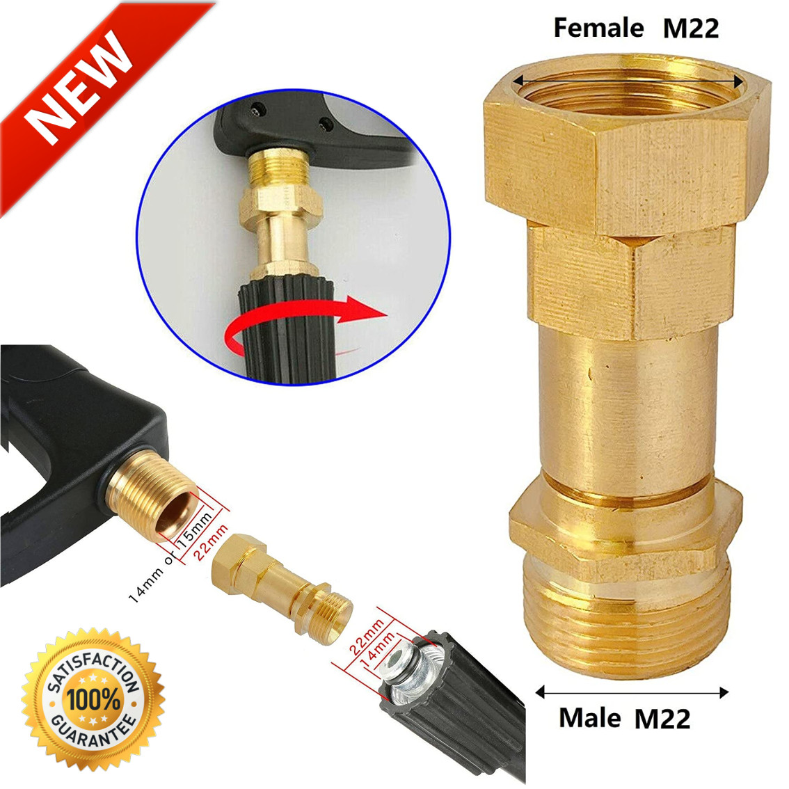 Pressure Washer Gun Adapter Swivel Joint M22-14mm Connector To Hose Fitting New