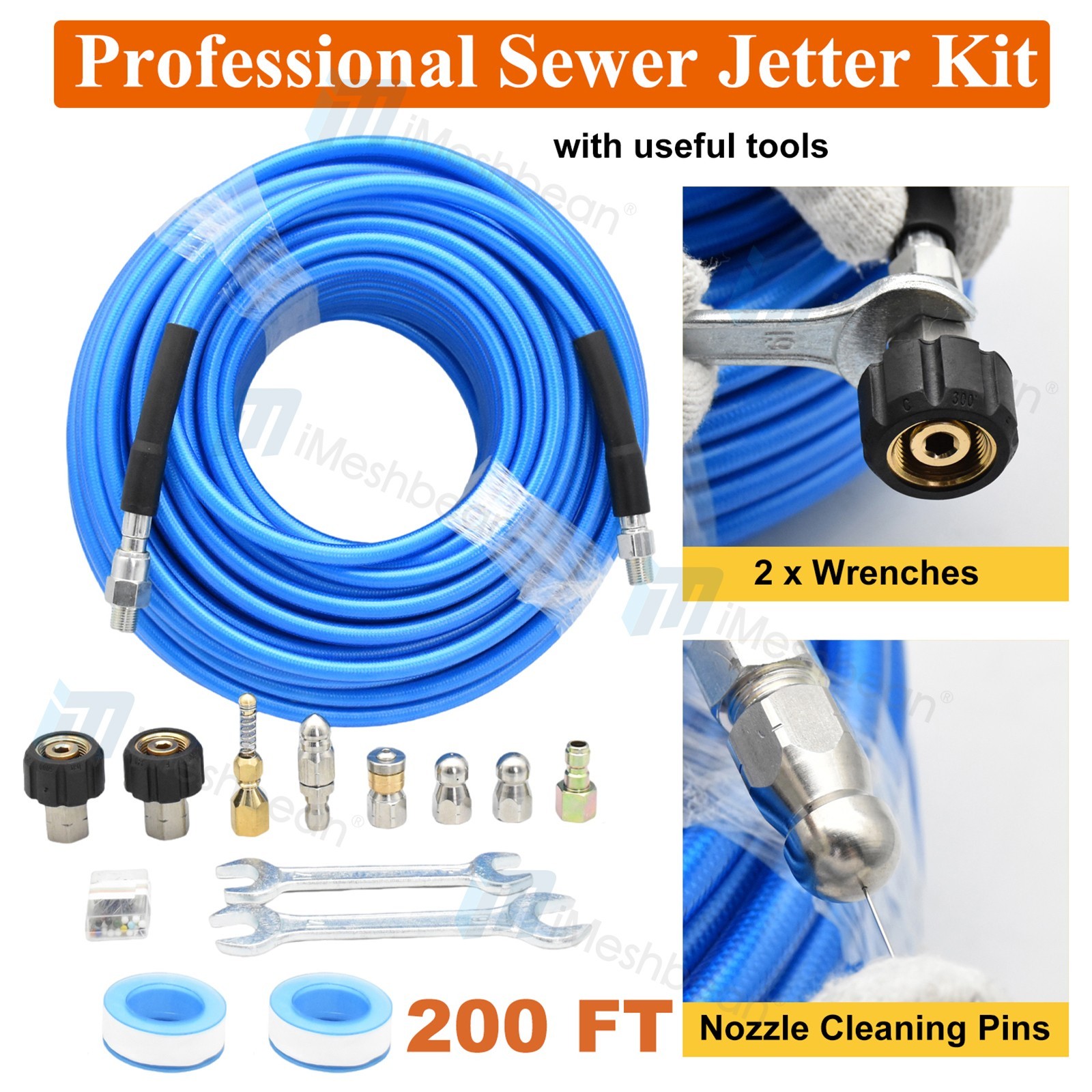 50/100/150FT Sewer Jetter Kit Pressure Washer 5800PSI Hose Kit W/ Nozzle&Pin