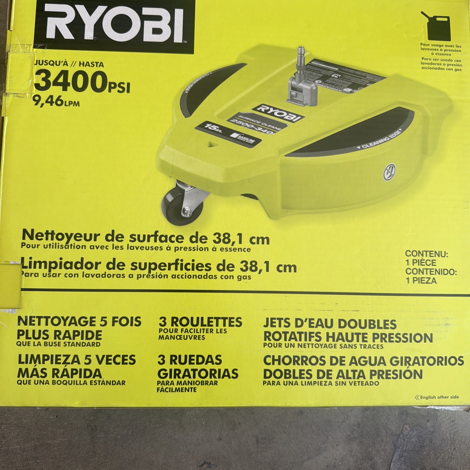 RYOBI 15″ 3400 PSI Gas Pressure Washer Surface Cleaner w/Caster Wheels RY31SC15