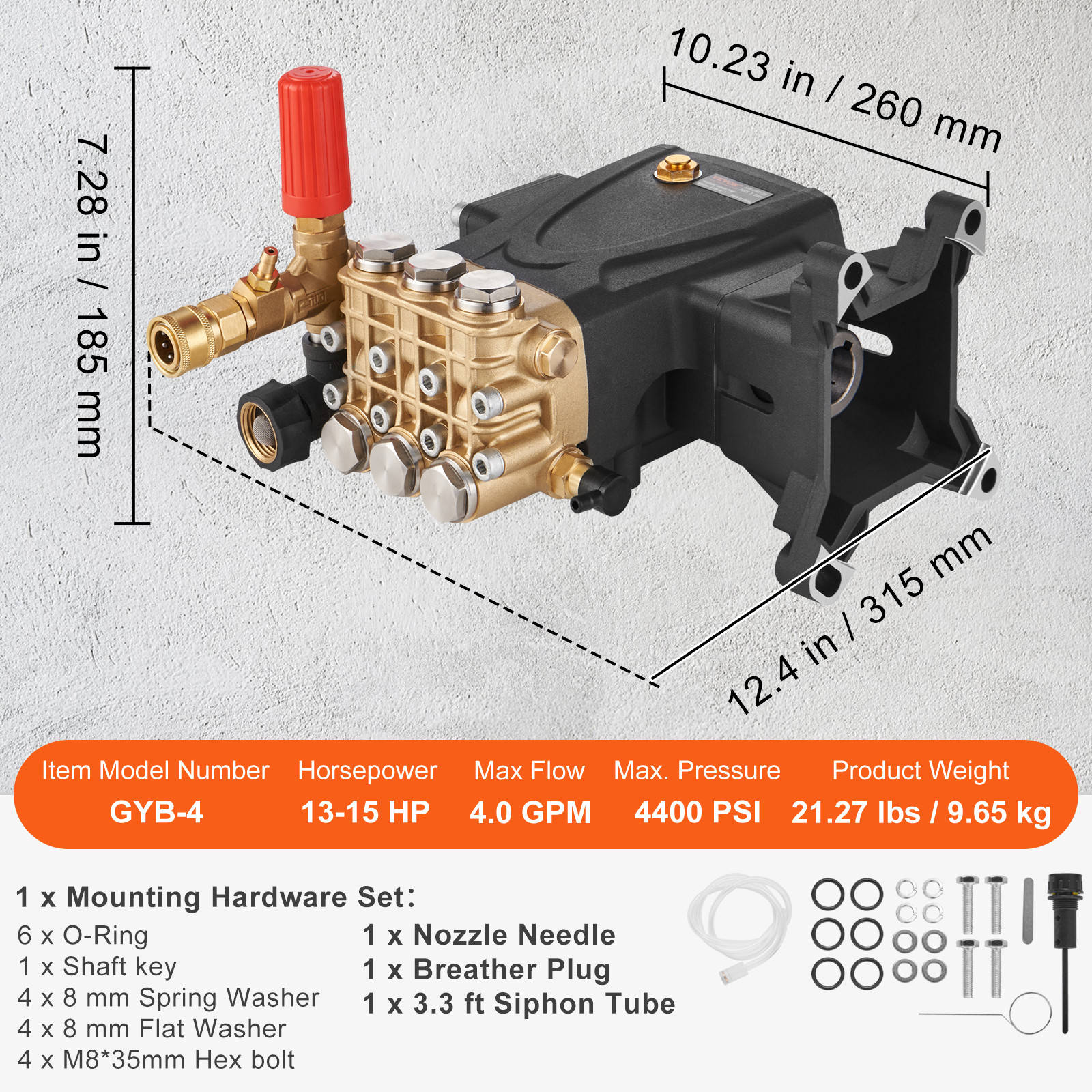 VEVOR Pressure Washer Pump Power Washer Pump 1″ Shaft Horizontal 4400 PSI 4 GPM