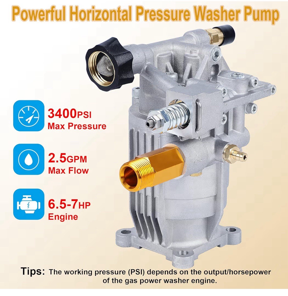3/4″ Horizontal Pressure Washer Pump 2600-3200PSI 2.5GPM for Honda Ryobi