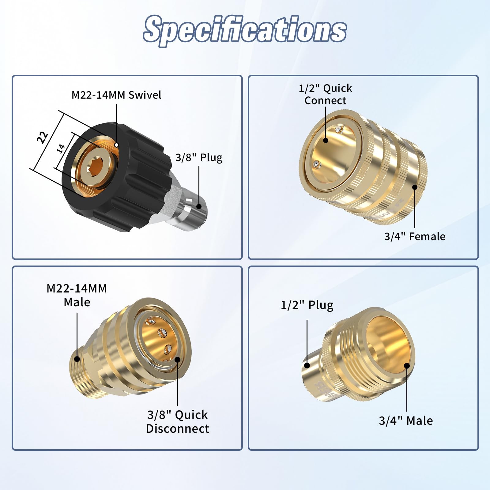 8 PCS Pressure Washer Quick Connect M2214mm To 3/8 Inch Hose Fitting Set