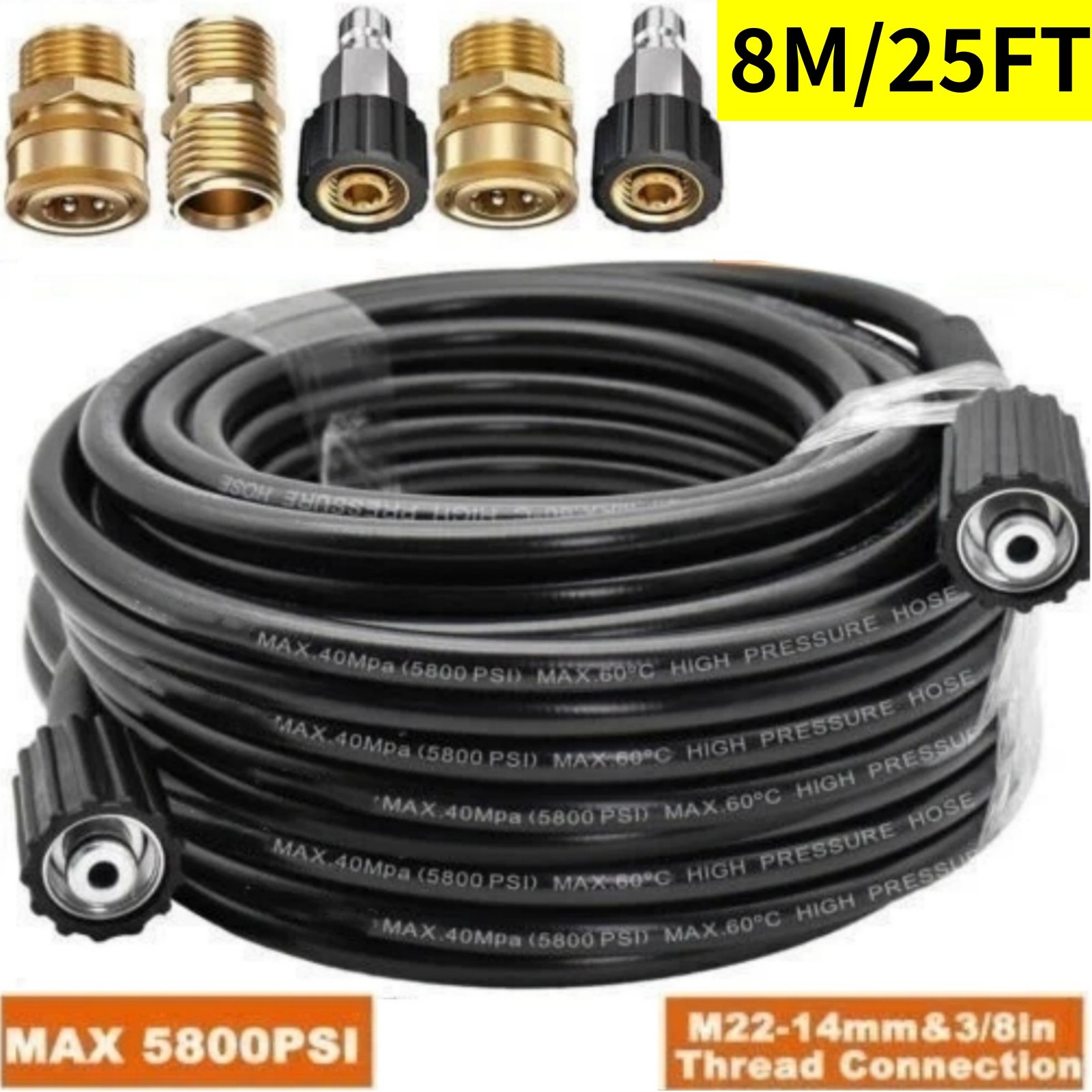 25FT 5800PSI Replacement High Pressure Power Washer Hose M22- 3/8″ Quick Connect