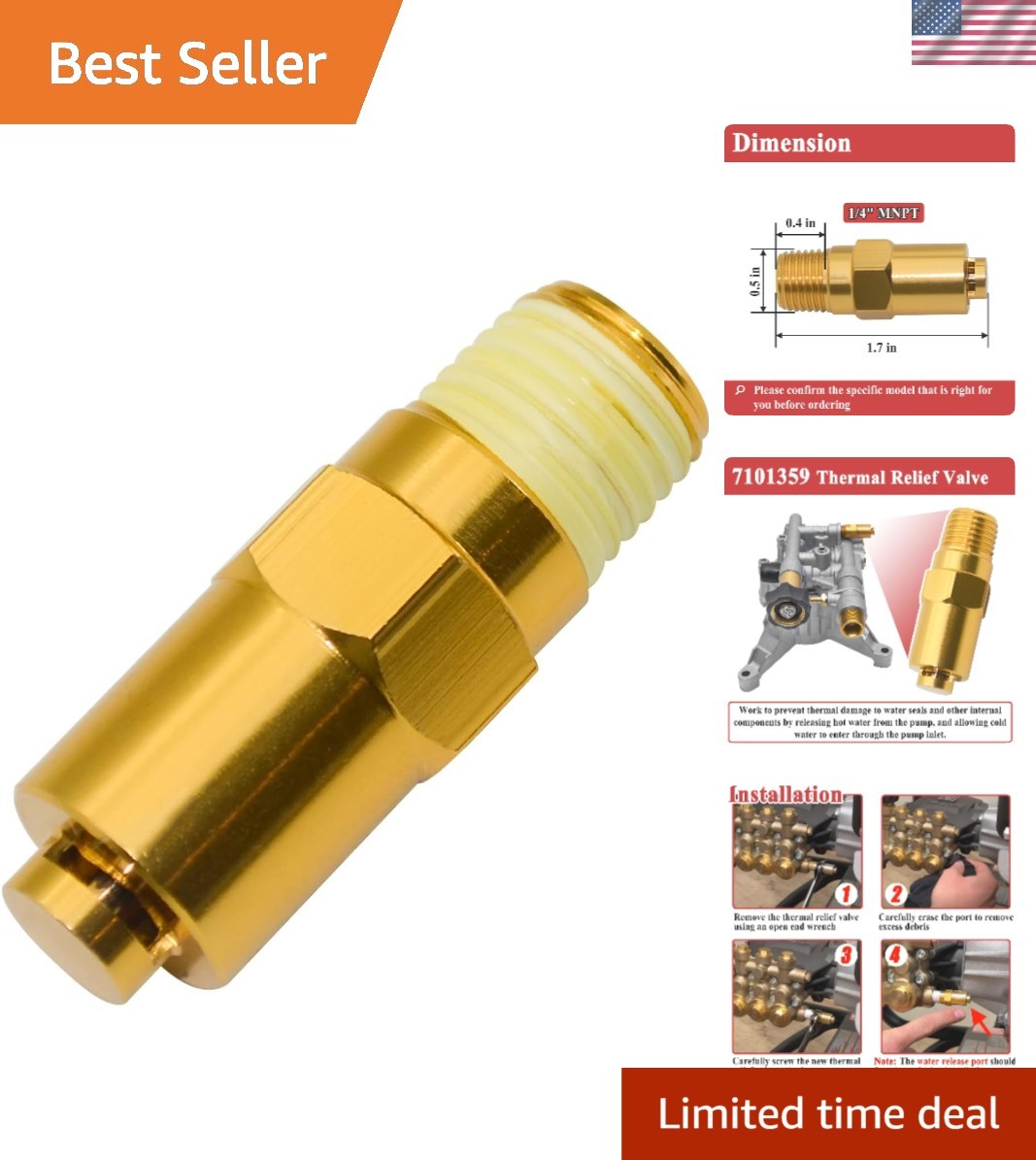 Brass Thermal Relief Valve 7101359 – Prevent Overheating in Pressure Washers