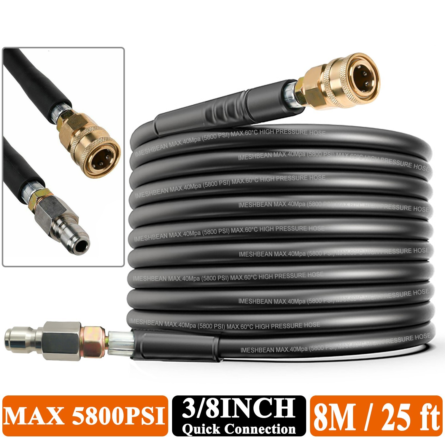 25FT 5800 PSI High Pressure Power Washer Hose 3/8″ Quick Connection Extension