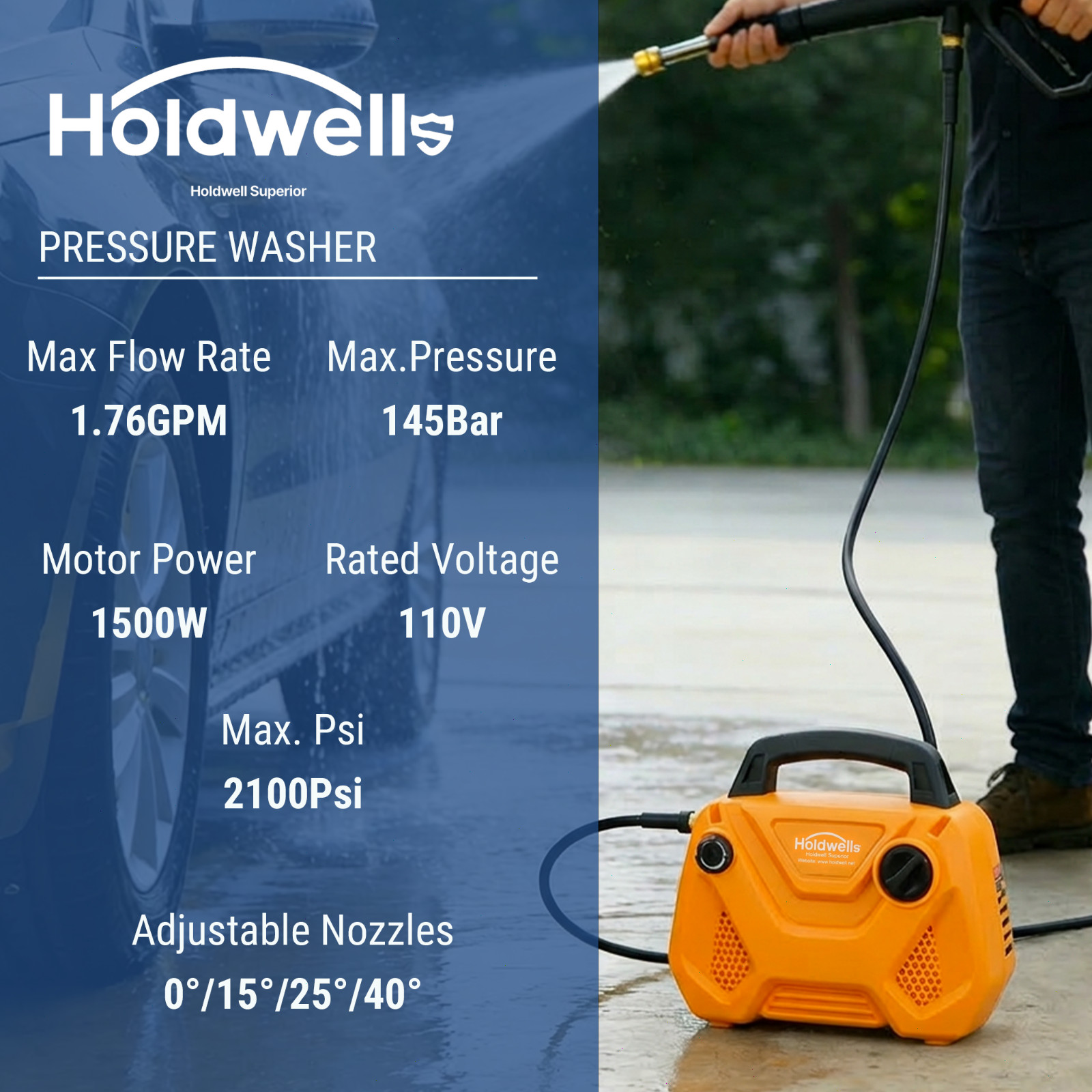HoldwellS Electric Pressure Washer, 2100 Max PSI 1.76 Max GPM