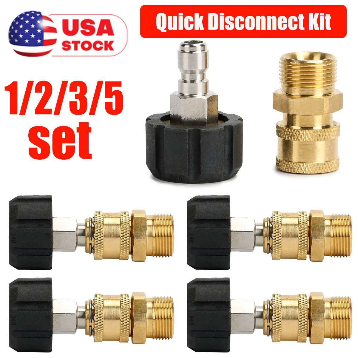 Pressure Washer Hose Connector Adapter Set Quick Connect M22 to 1/4″ Gun to Wand