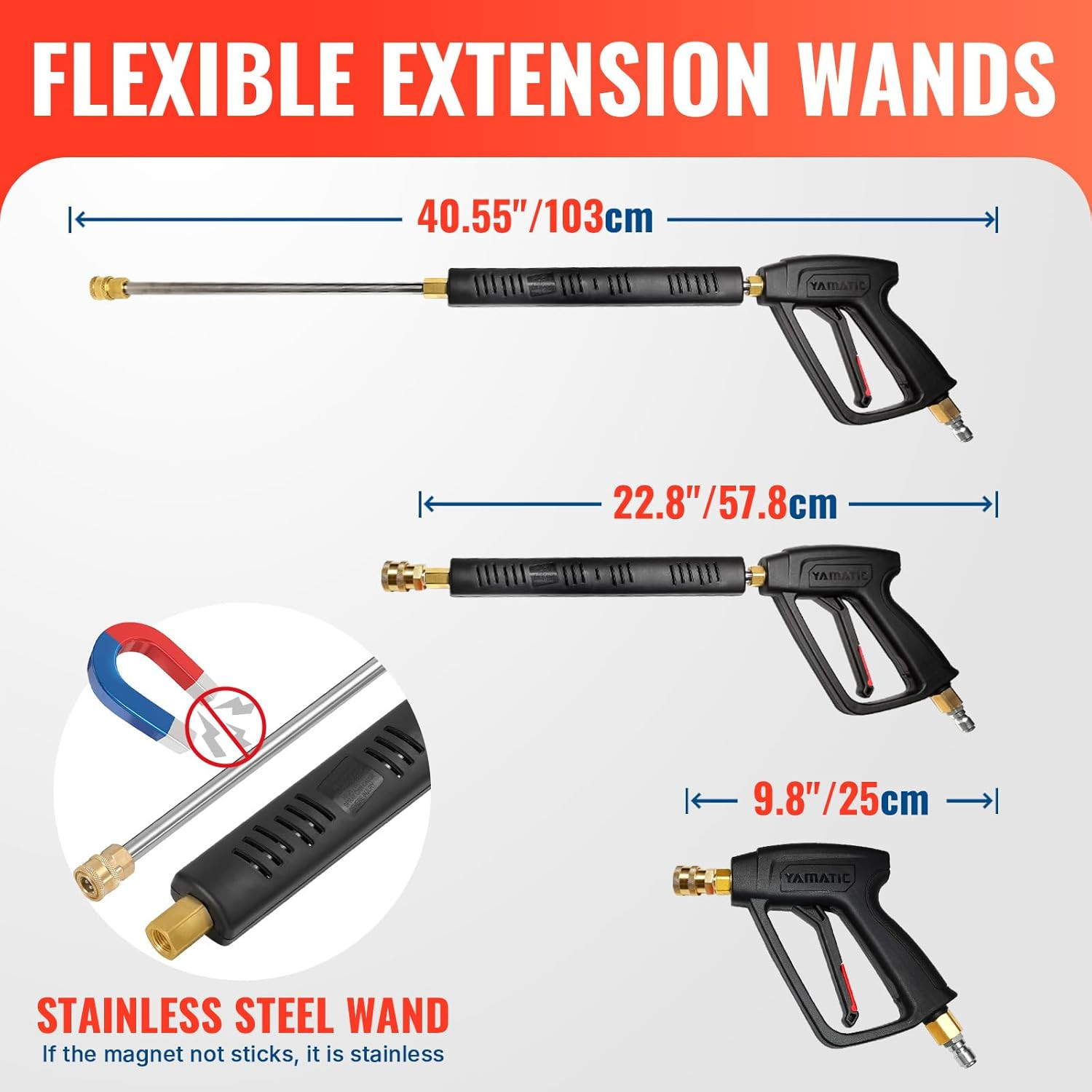 YAMATIC Pressure Washer Gun and 50FT Flexible Hose Stainless Steel Wand | 4000PS
