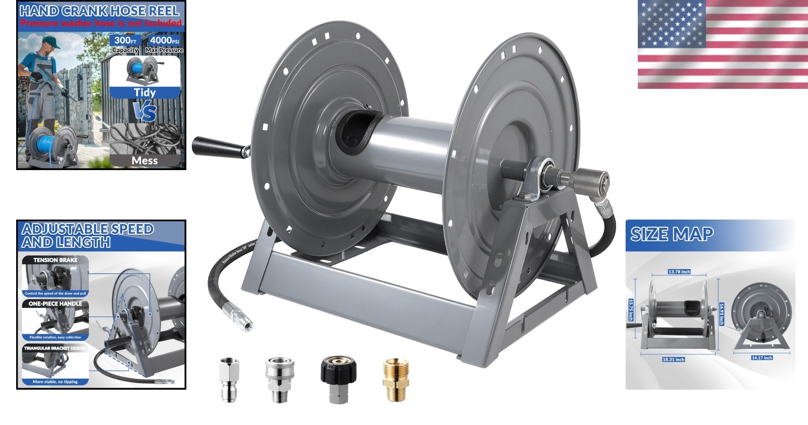 Durable 300FT Hose Reel for Pressure Washers – Fits Most Brands, Easy Install