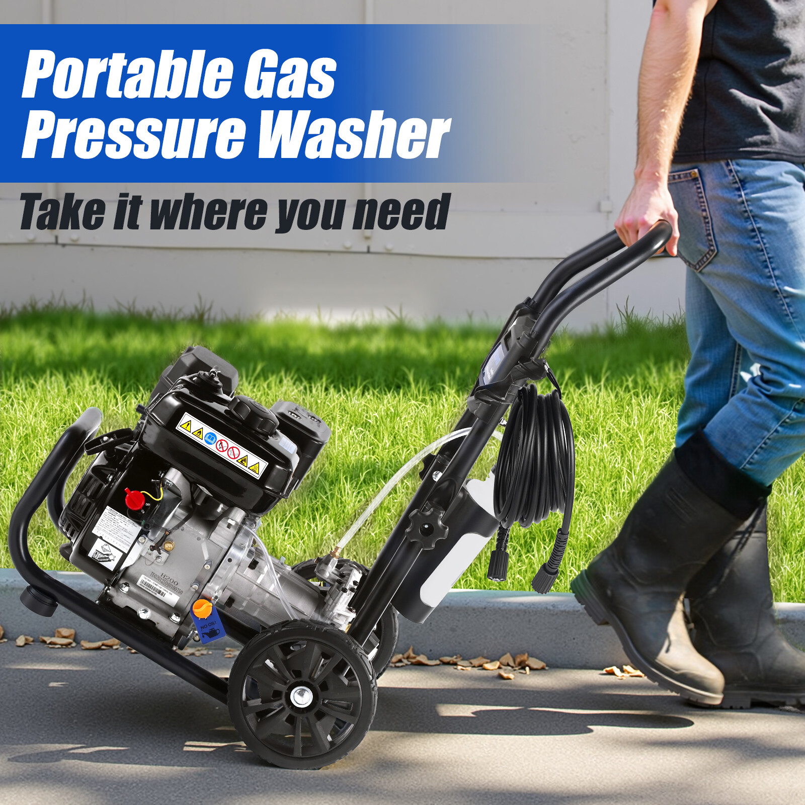 Efurden Gas Pressure Washer 3500 PSI 2.3 GPM 4 Nozzles Soap Tank for Cars Floor