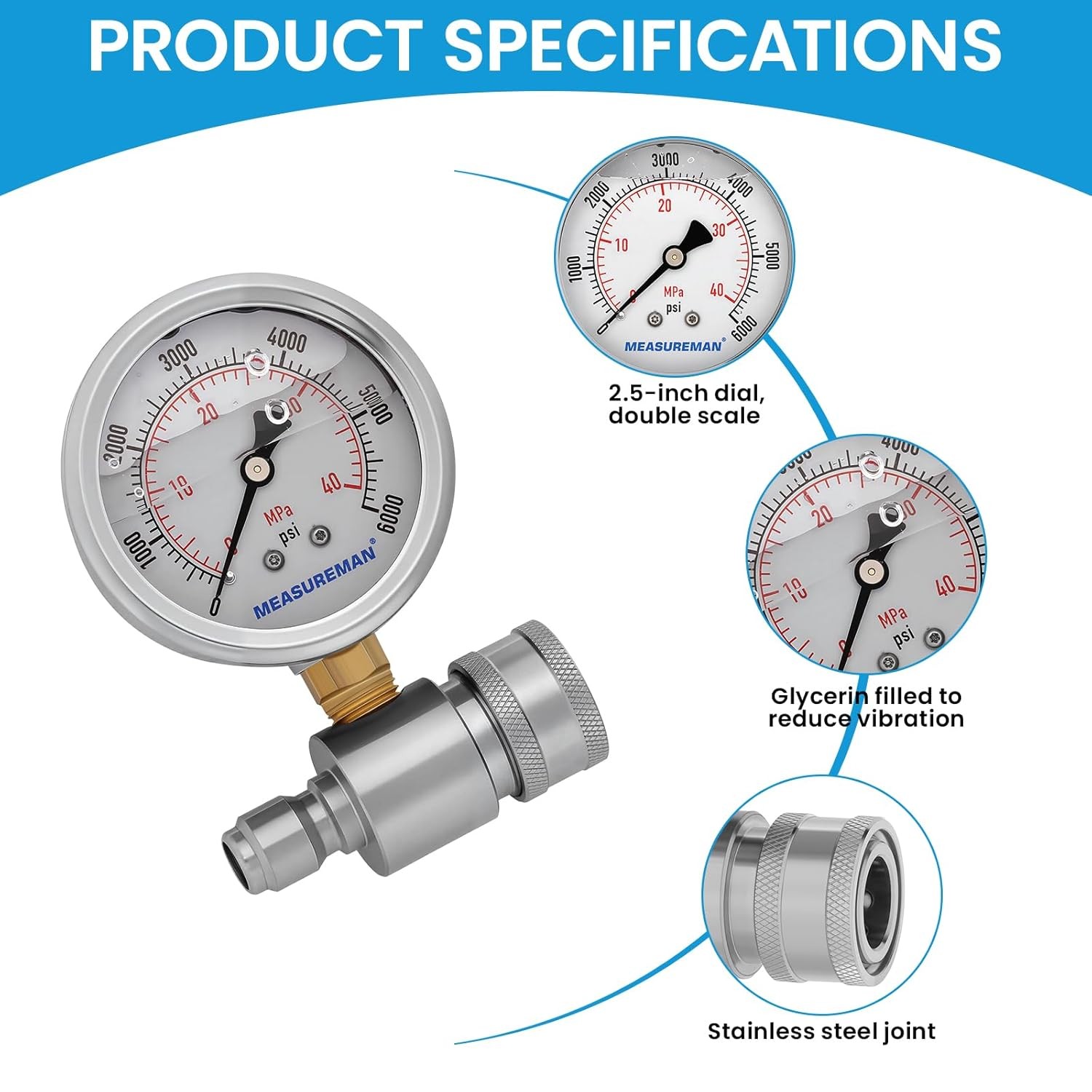 Pressure Washer Gauge Kit 2 1/2 Inch 6000 PSI Stainless Steel
