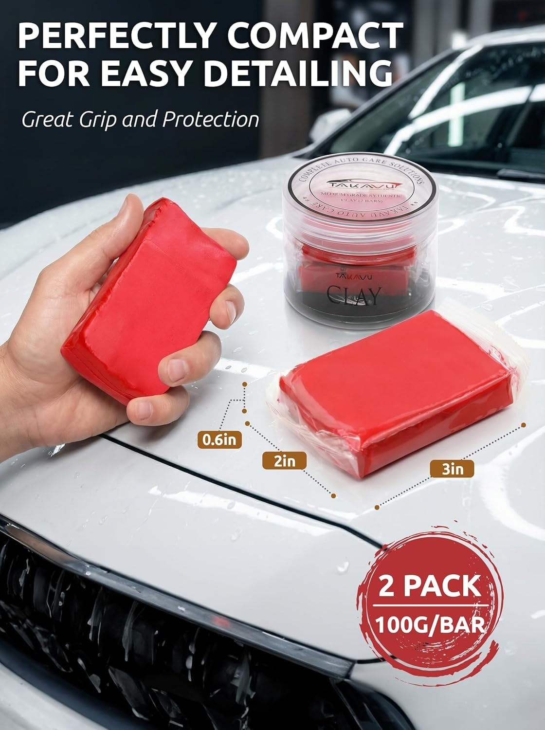 Car Clay Bars Auto Detailing 2 Pack 100g by TAKAVU, Premium Medium 2pcs, Red