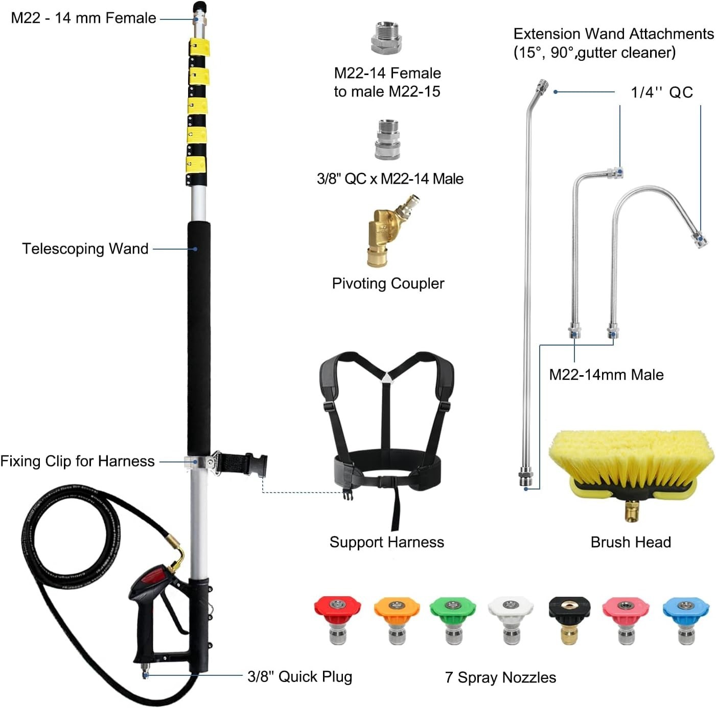 25 FT Telescoping Pressure Washer Wand with 7 Spray Nozzle Tips and Brush Head