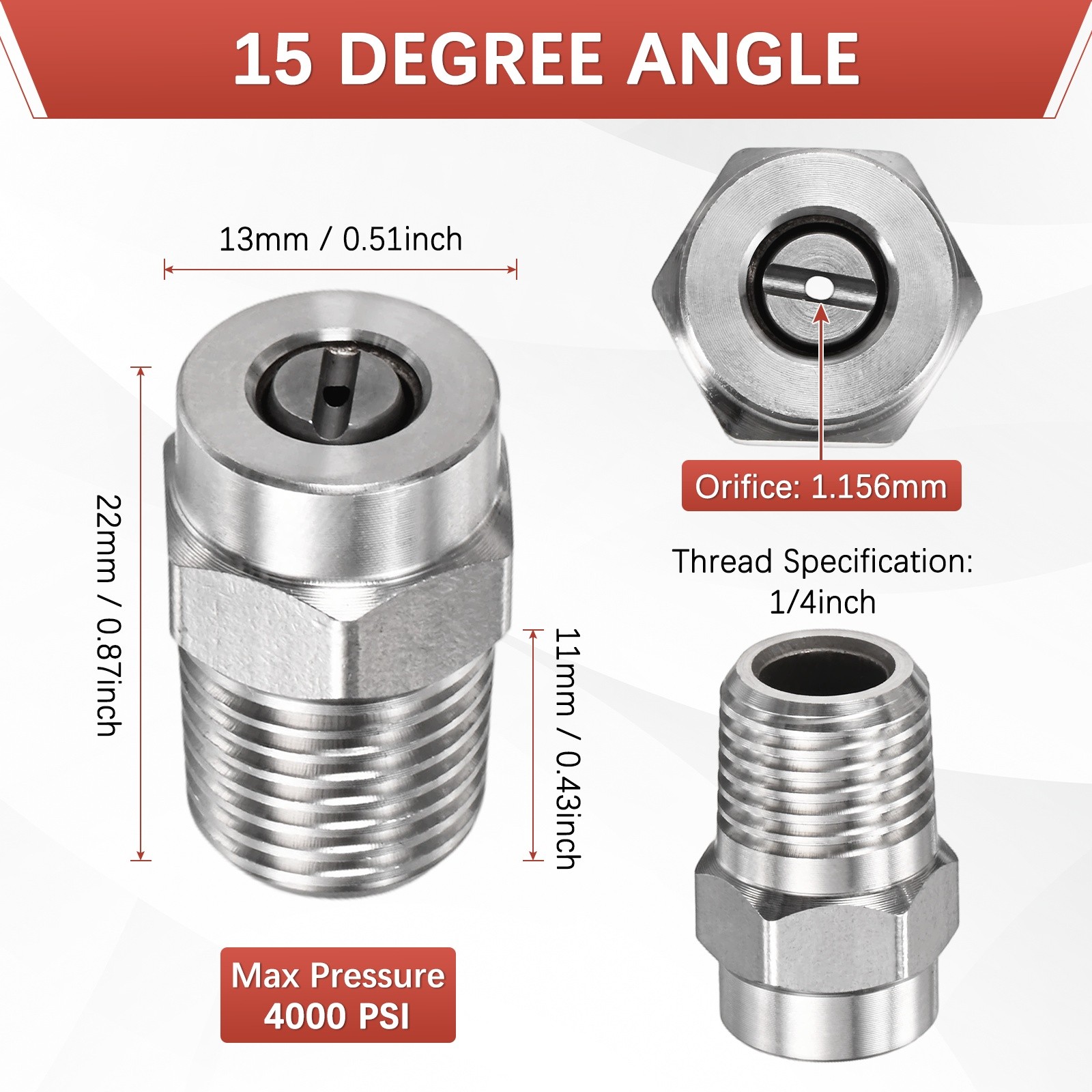 1/4″ NPT 15° Surface Cleaner Tip [2PCS] – Pressure Washer Nozzle [1.156MM Pore]