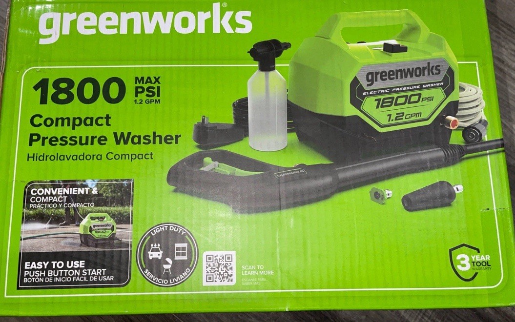 New GreenWorks 1800 PSI Compact Cold Water Pressure Washer 1.2 GPM