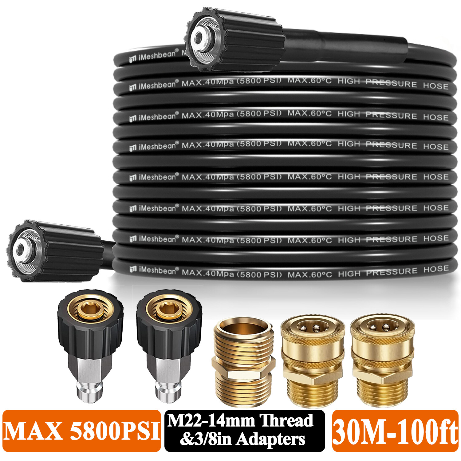 High Pressure Washer Hose 25/50/100′ 5800PSI 3/8″ QC &M22-14mm Extension Tube