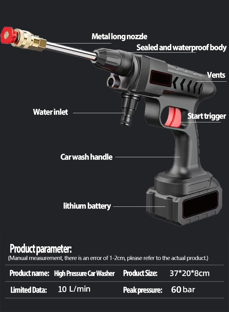 300W 60Bar Wireless High Pressure Car Washer Gun Foam Generator Spray Cleaner