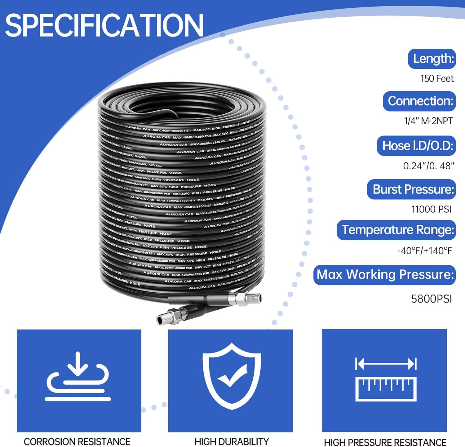 150FT Sewer Jetter Kit for Pressure Washer – 5800 PSI Drain Cleaning Nozzles