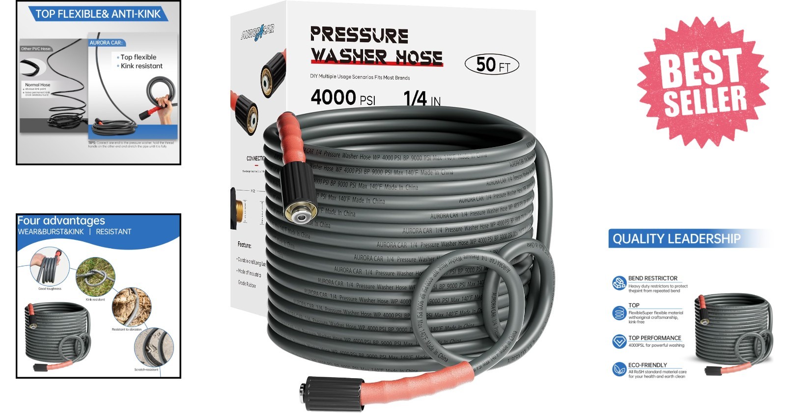 Heavy-Duty 50FT Pressure Washer Hose, Kink Resistant, M22 Fittings – 4000 PSI