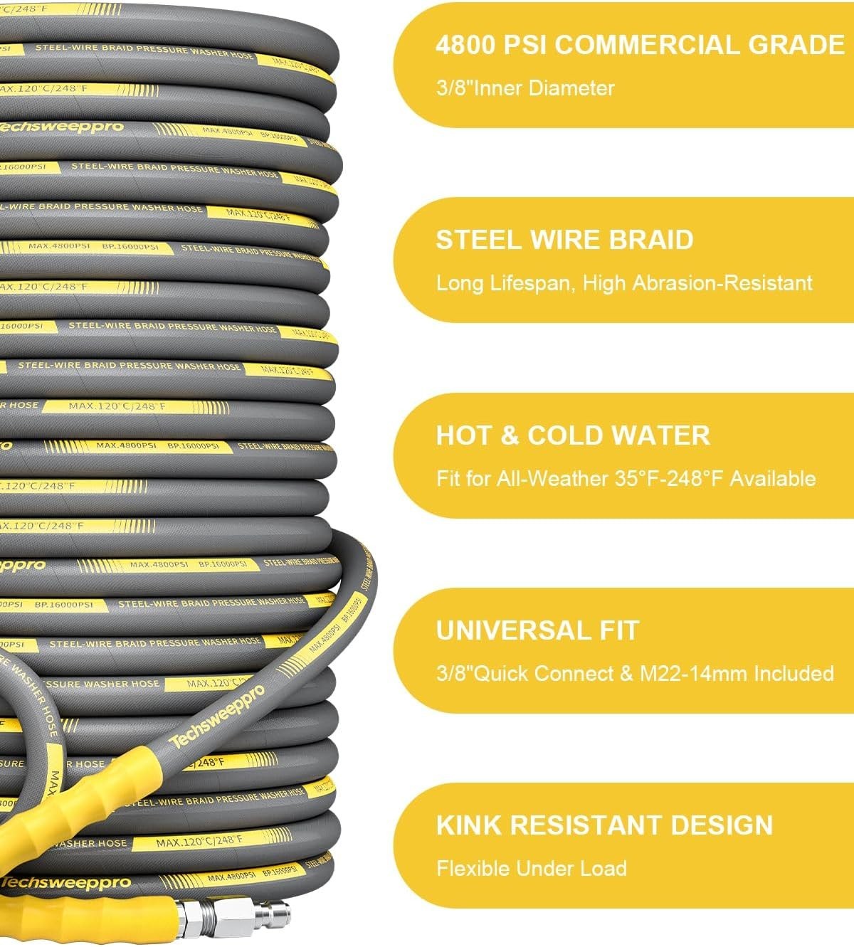 4800PSI Pressure Washer Hose 50FT with 3/8″ Swivel Quick Connect for Cold/Hot Wa