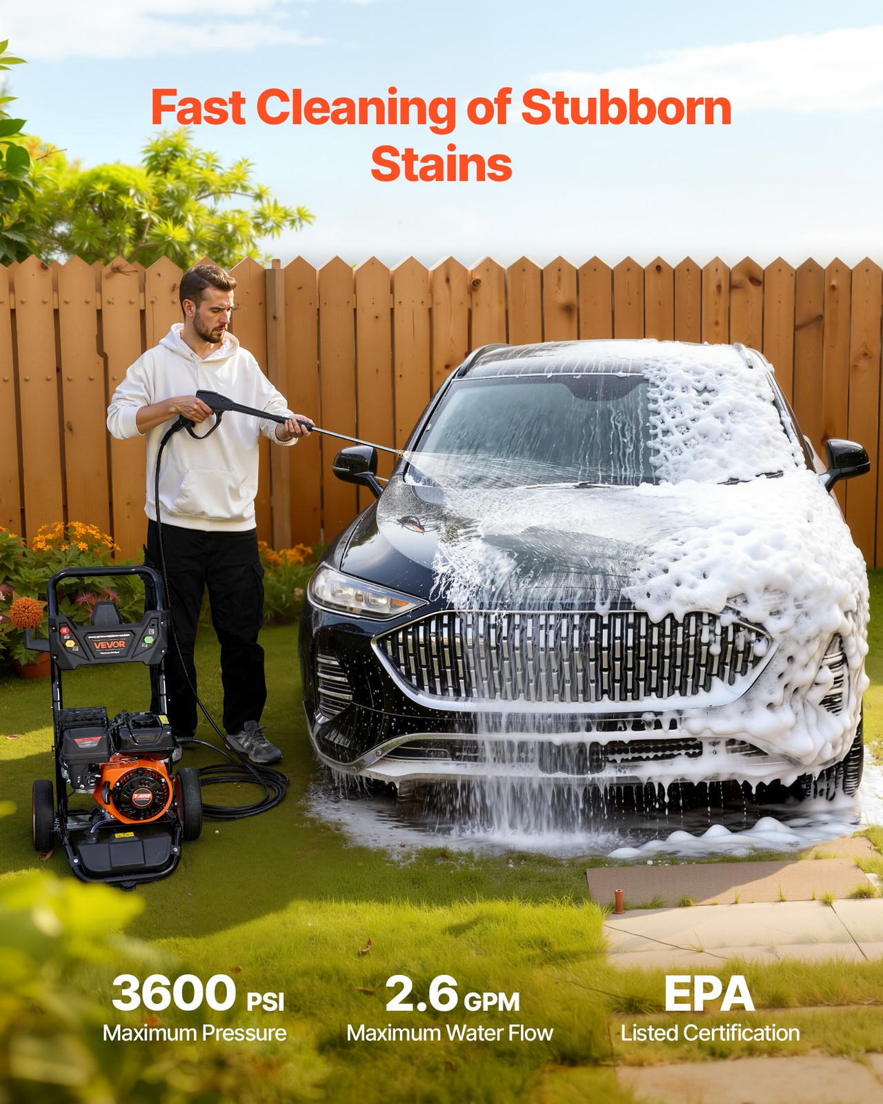 VEVOR Gas Pressure Washer 3600 PSI 2.6 GPM Copper Pump 5 Nozzles for Cars