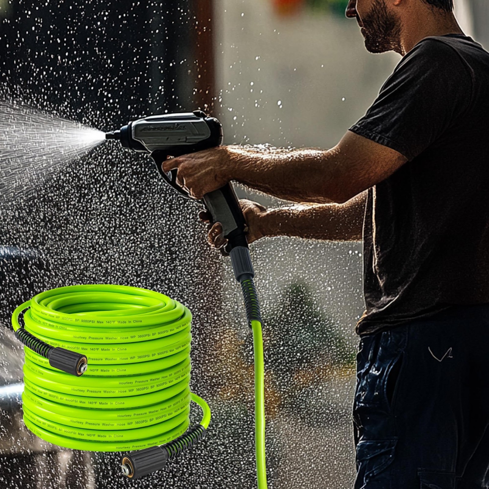 50FT Pressure Washer Hose 3600 PSI, Kink Resistant, Quick Connect Extension, Gre