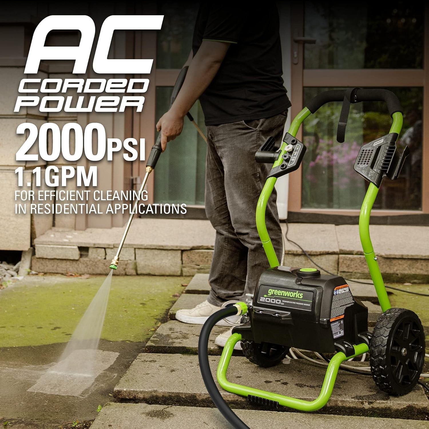 Greenworks 2000 PSI Electric Pressure Washer 20Ft Hose 35 Ft Cord 3 Nozzles