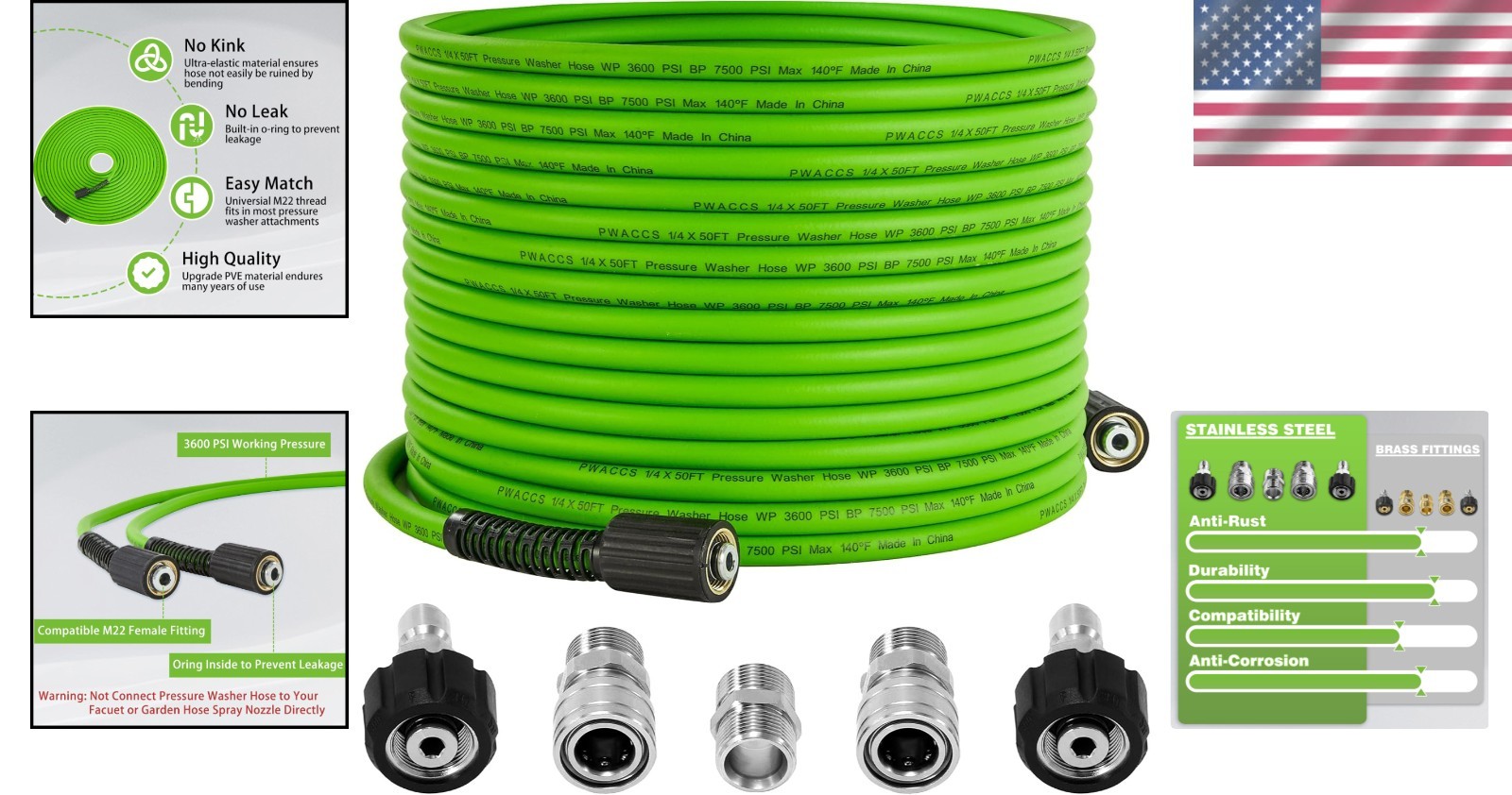 Flexible Pressure Washer Hose, M22 Stainless Fittings