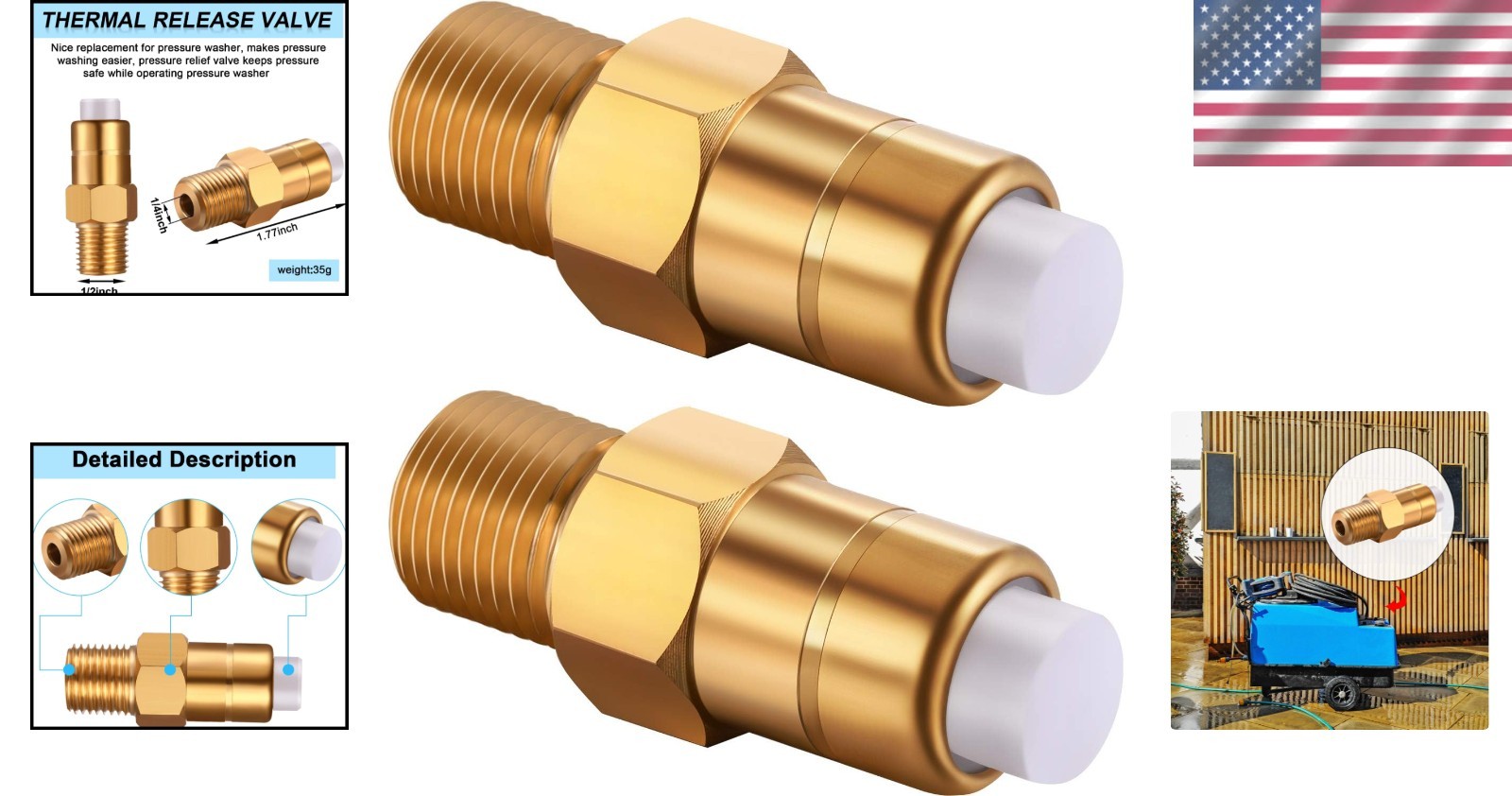 Universal 2 Pcs 1/4 in Brass Thermal Release Valve for Standard Pressure Washers
