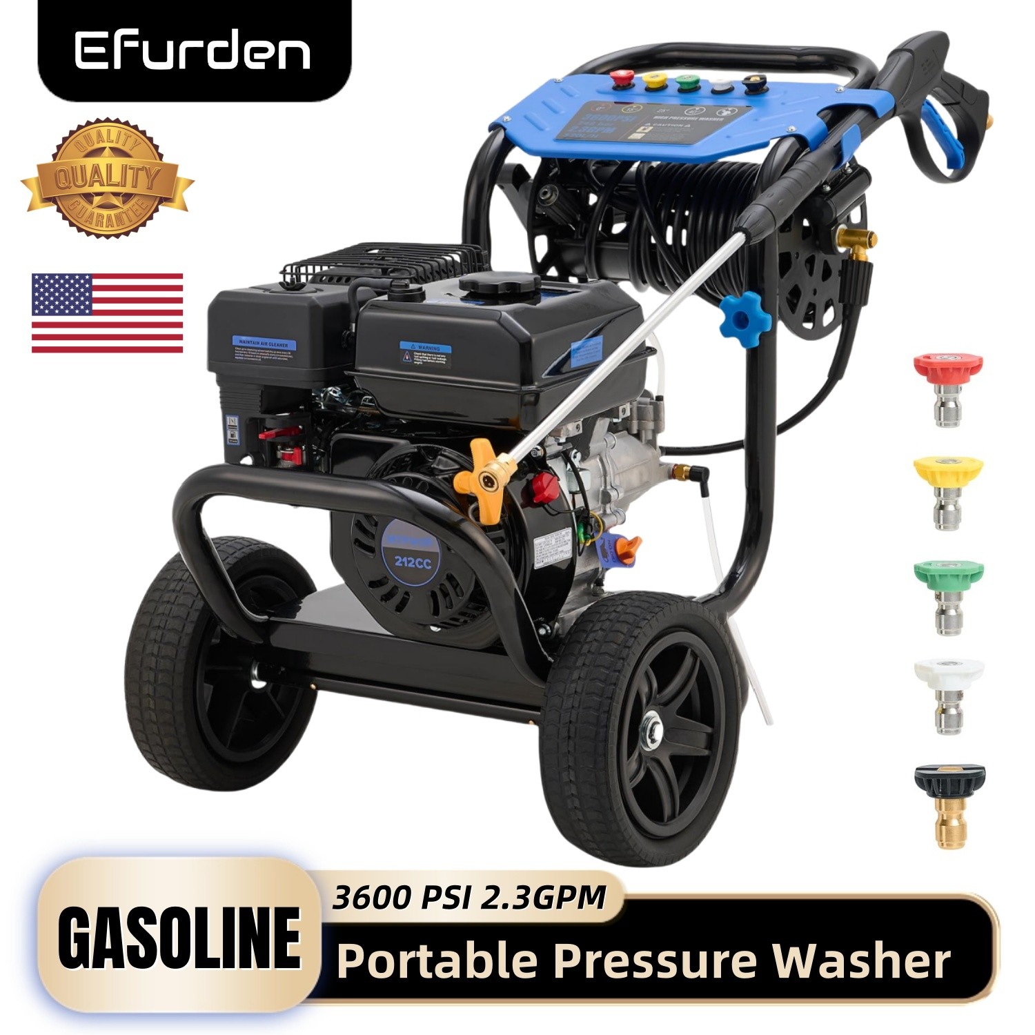 Efurden 3600 PSI 2.3 GPM Gas High Pressure Washer w/ 5 Nozzle & Hose Reel Set