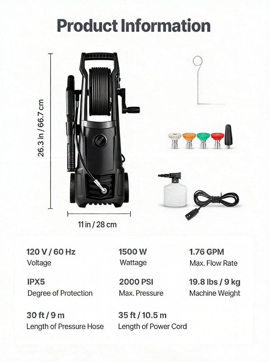 Electric Pressure Washer 2000 PSI 1.76 GPM Portable Foam Cannon for Cars & Patio