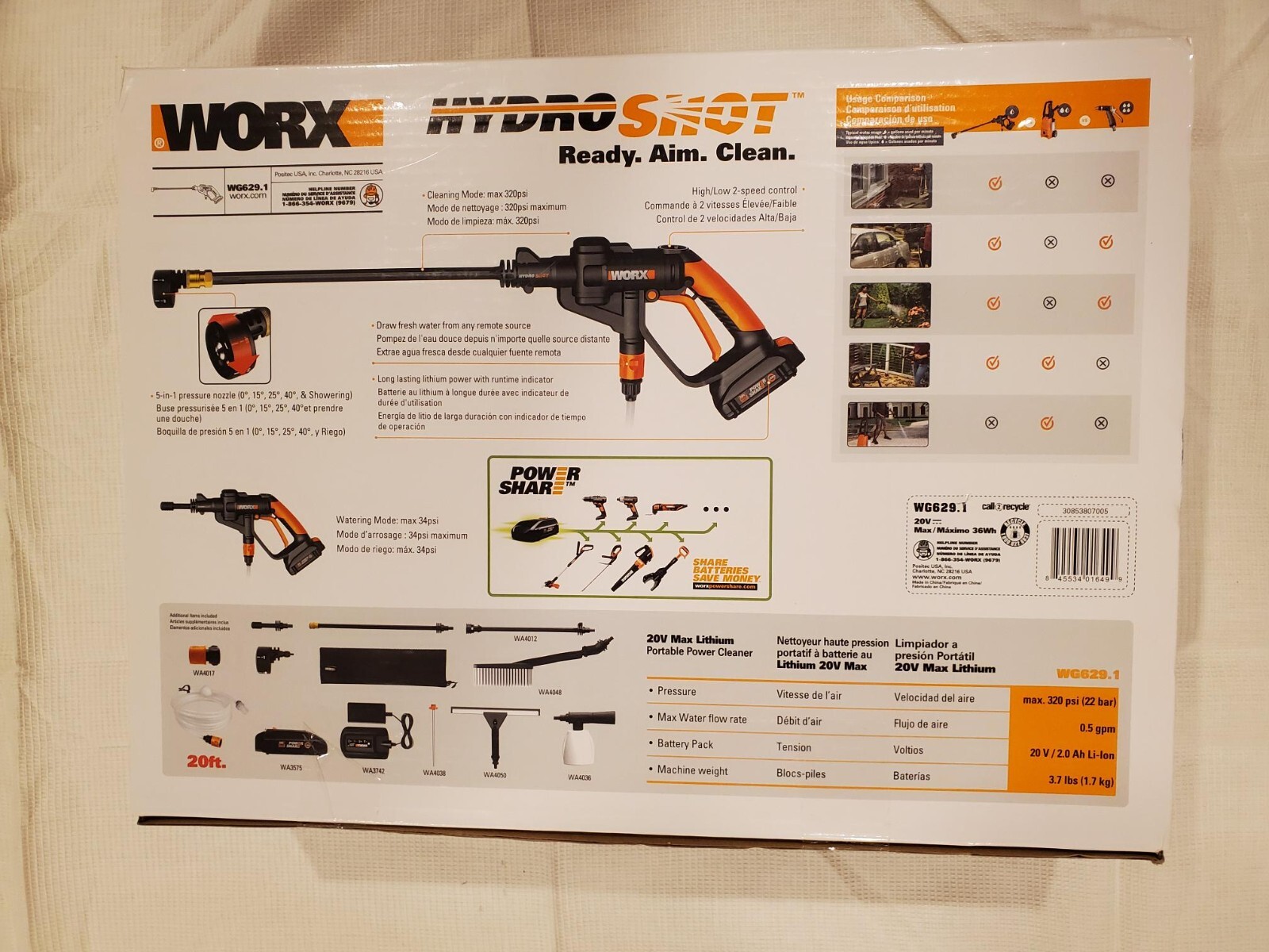 WORX WG629.1 HydroShot Portable Power Cleaner with Bottle Connection