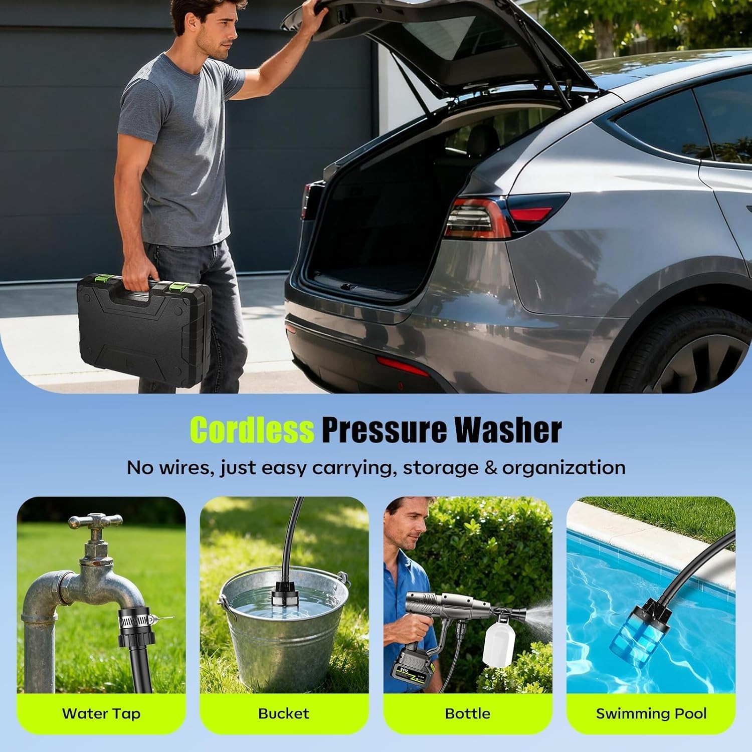 Cordless Pressure Washer 1200 PSI 30 Speed w/ 6-in-1 Nozzle 24FT Hose
