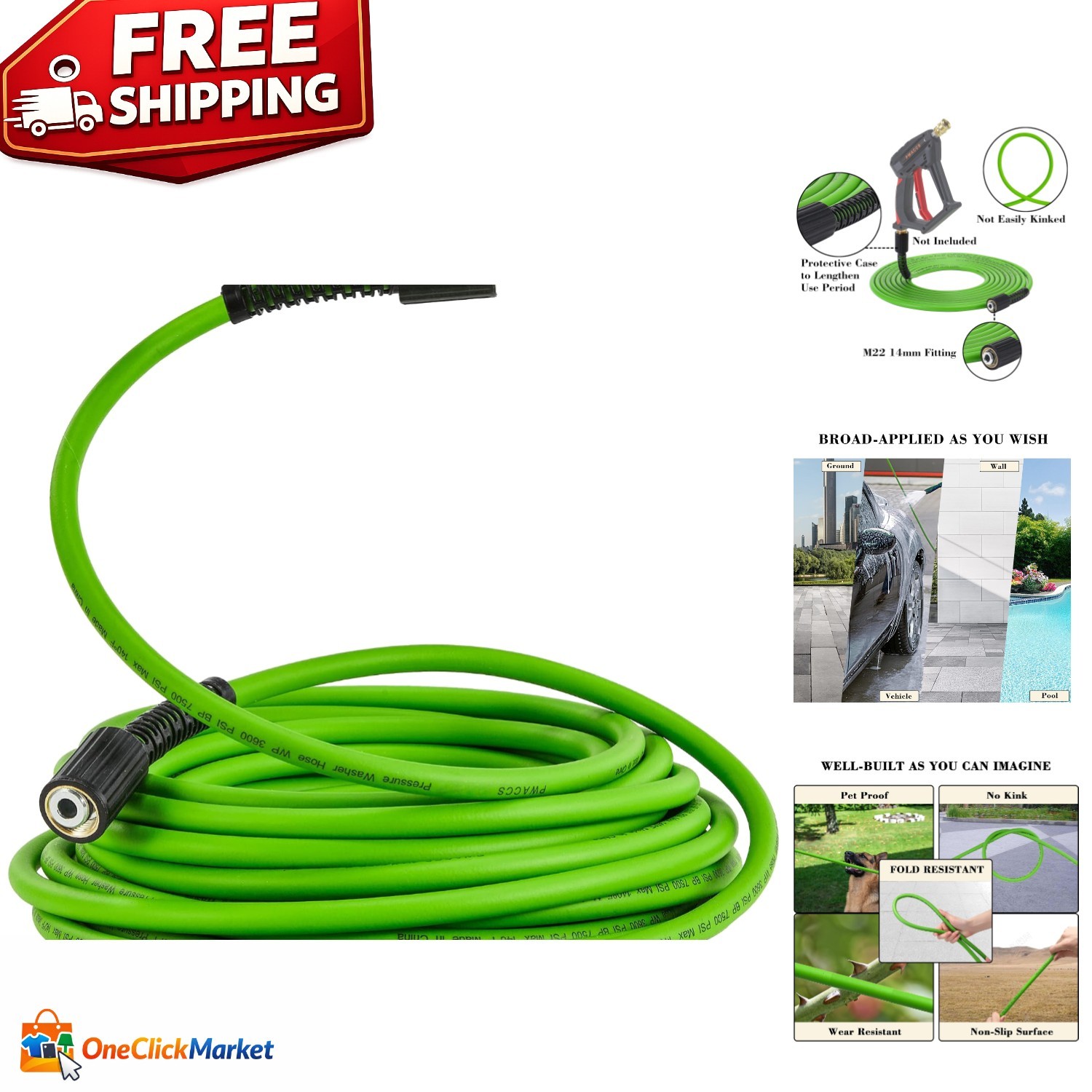 Lightweight 25FT Portable Pressure Washer Hose with M22 Fittings – Apple Green