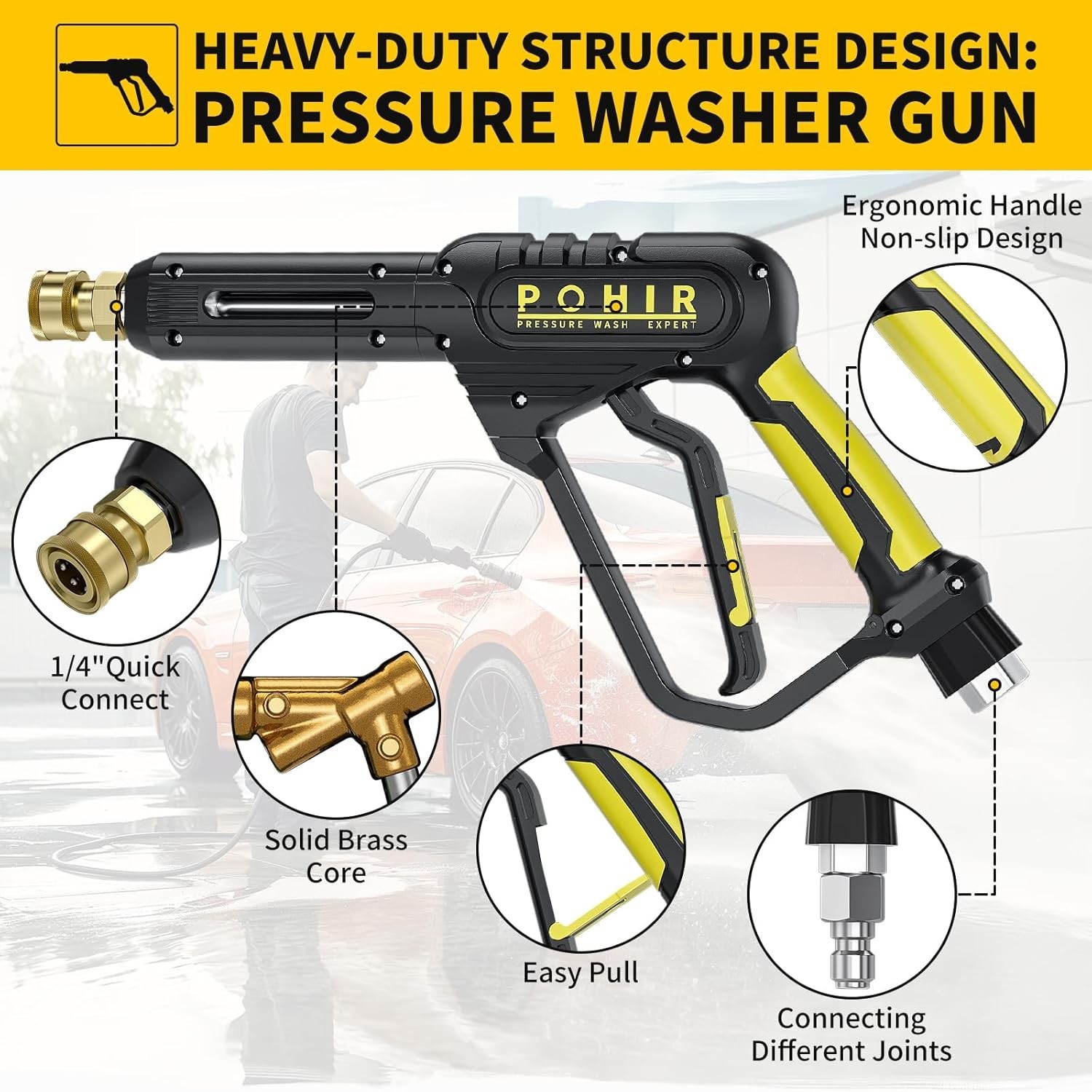 POHIR 3600PSI Pressure Washer Gun Foam Cannon 50FT Pressure Washer Hose 15″ Wand