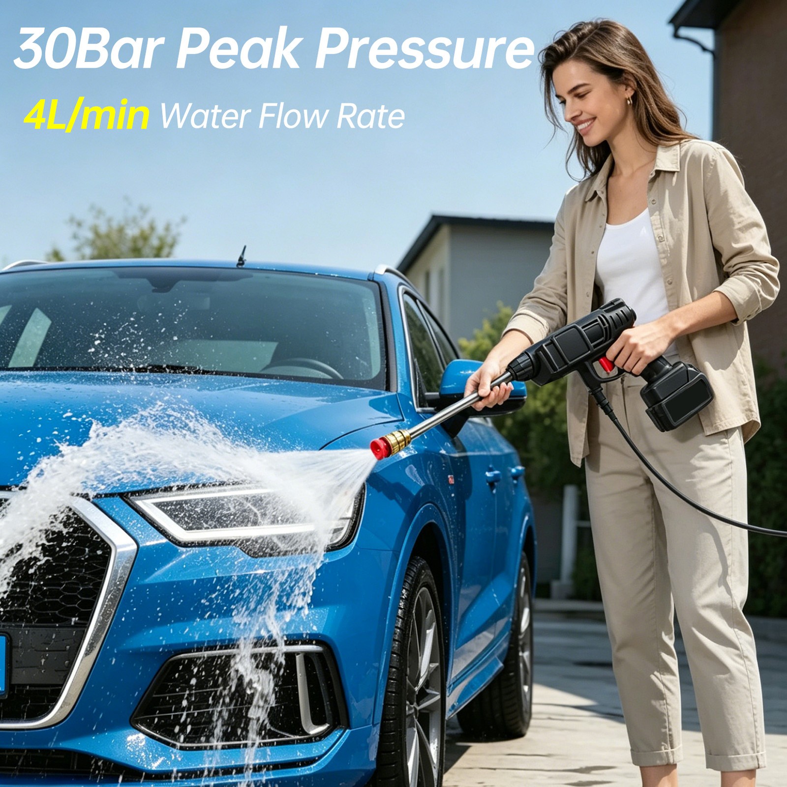 Portable Pressure Washer Cordless Power Car Cleaner 30Bar With 3 Nozzles 2 BFOU