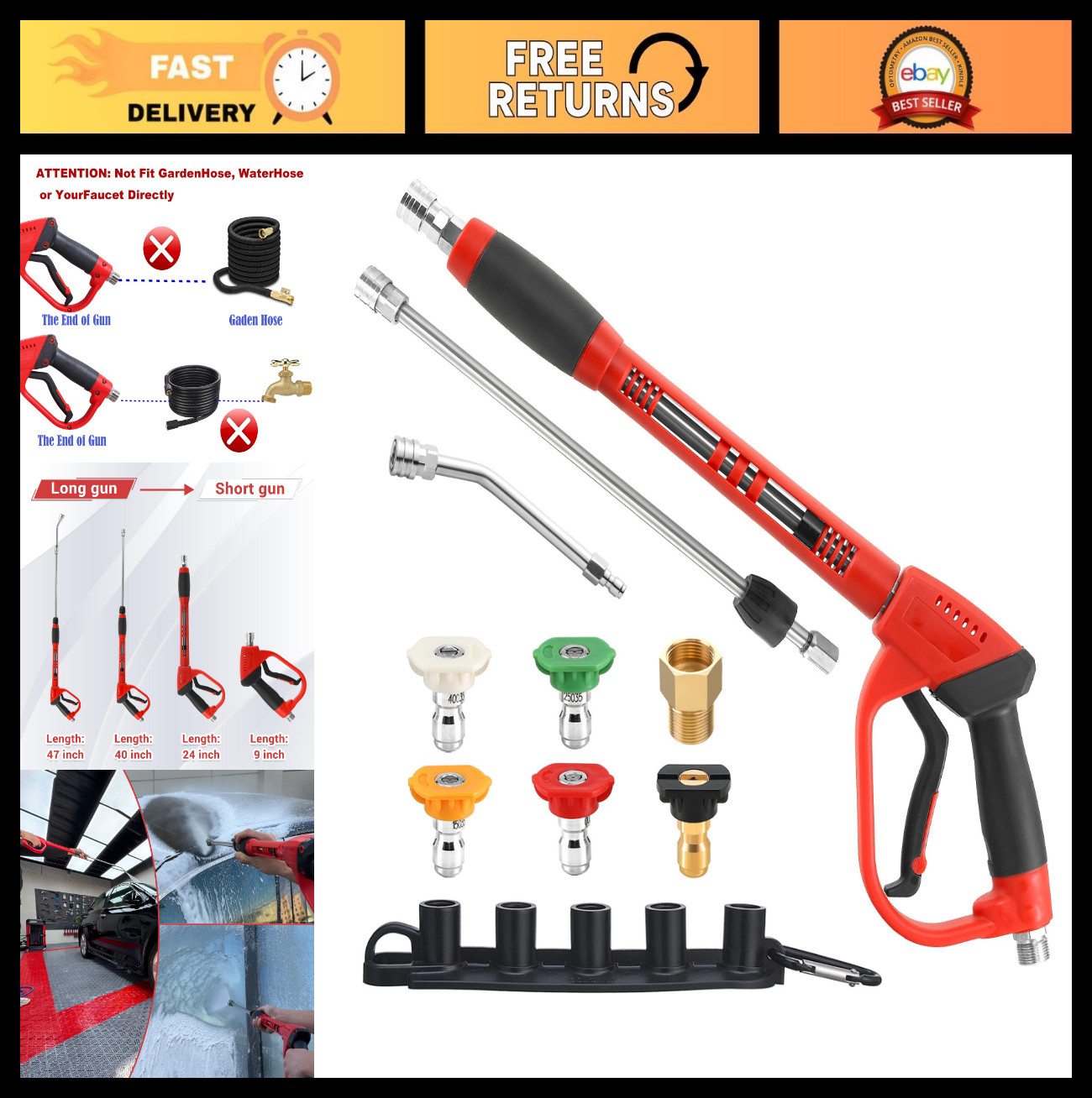 Pressure Washer Gun with Extension Wand, 30° Curved Rod, 5 Nozzle Tips, 4000 PSI