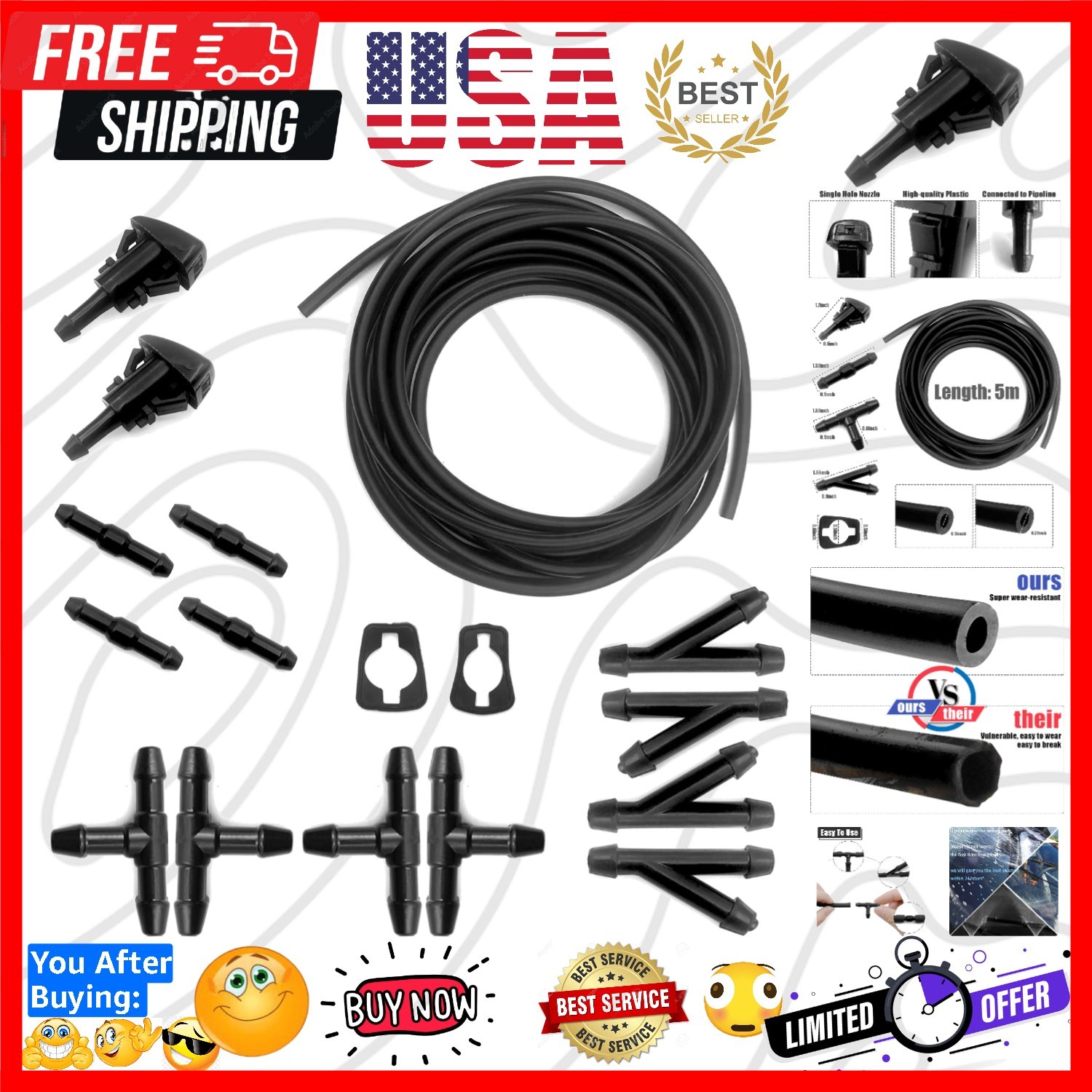 Windshield Washer , 5M Washer Fluid Hose+12 Pcs Hose Connectors+2 Fan Nozzles…