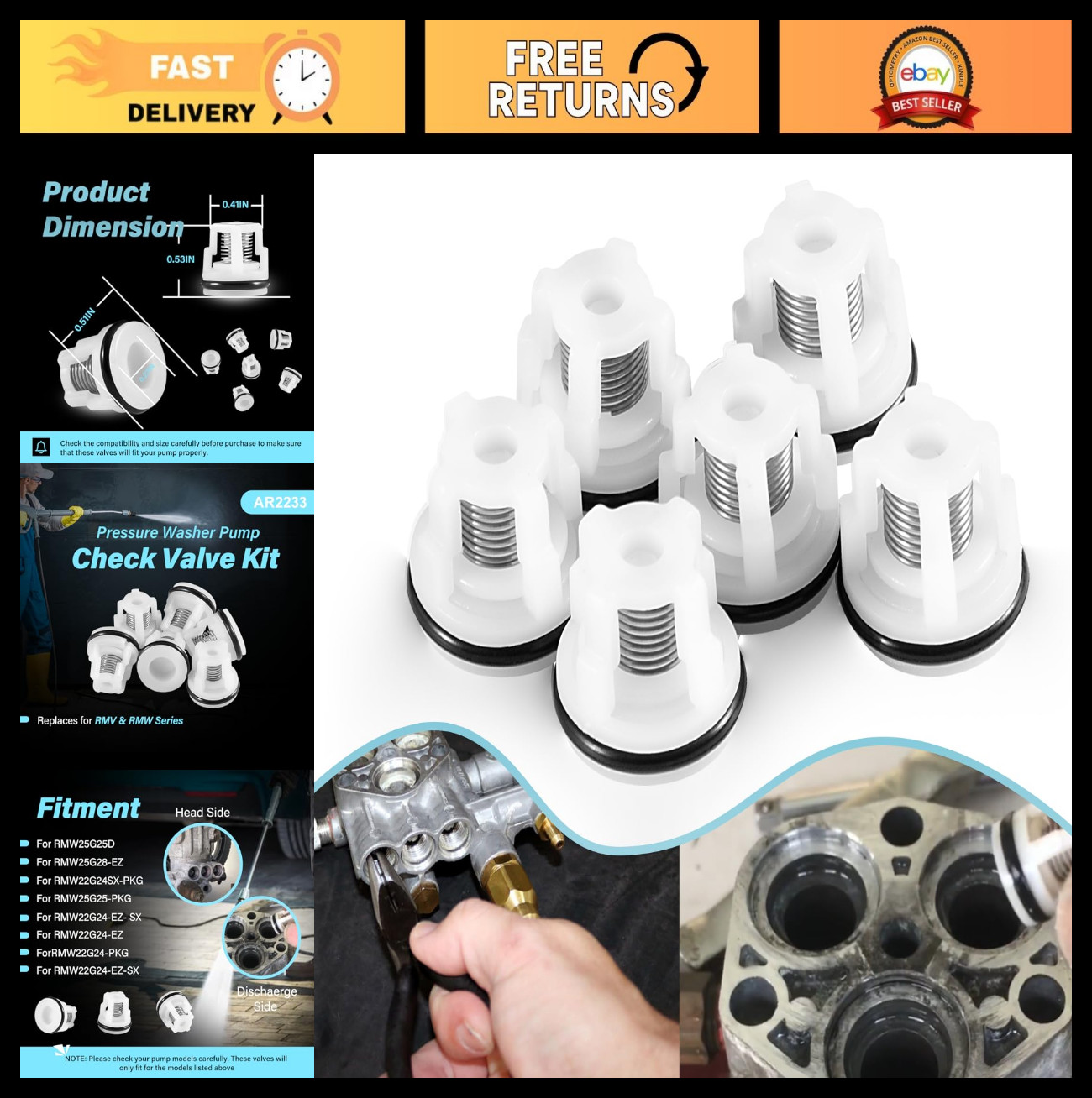 Pressure Washer Pump Check Valve Kit for RMV RMW Series – 6 Pack, EZ Start